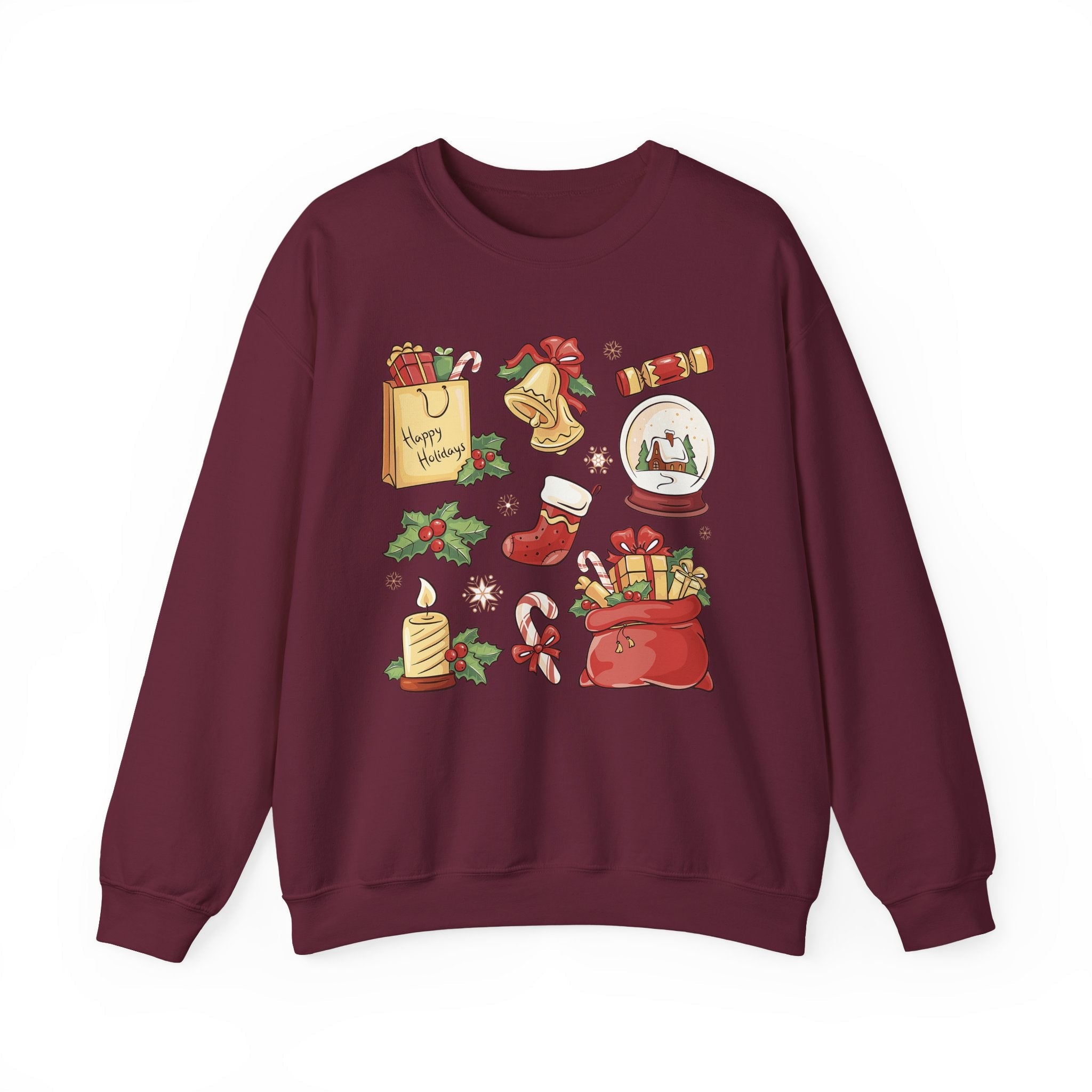 Christmas Icons collage Sweatshirt | holiday presents bell stocking snow globe - Etna Gift