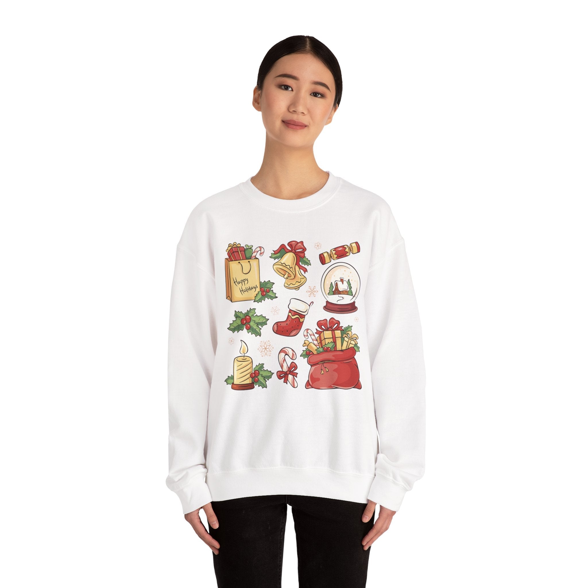 Christmas Icons collage Sweatshirt | holiday presents bell stocking snow globe - Etna Gift
