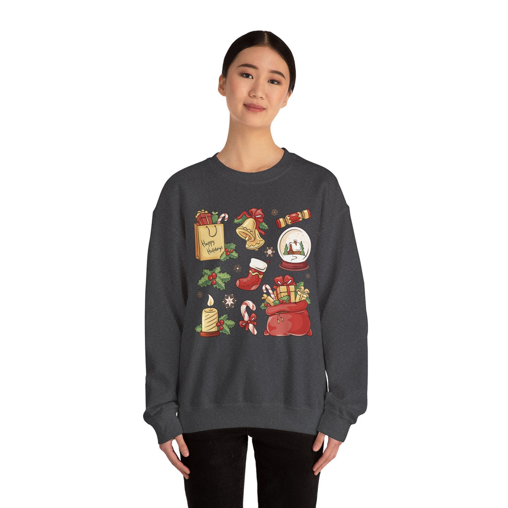 Christmas Icons collage Sweatshirt | holiday presents bell stocking snow globe - Etna Gift