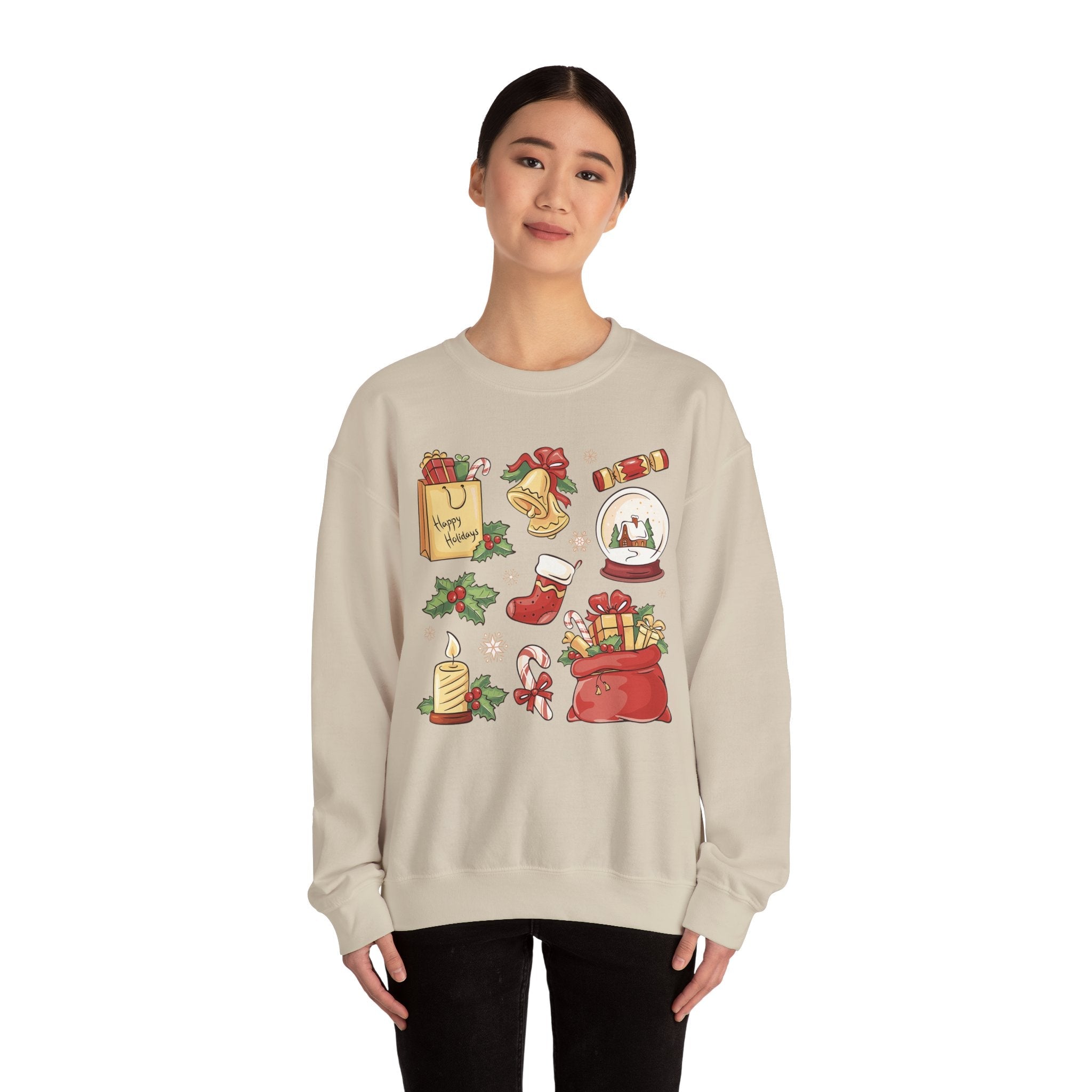 Christmas Icons collage Sweatshirt | holiday presents bell stocking snow globe - Etna Gift