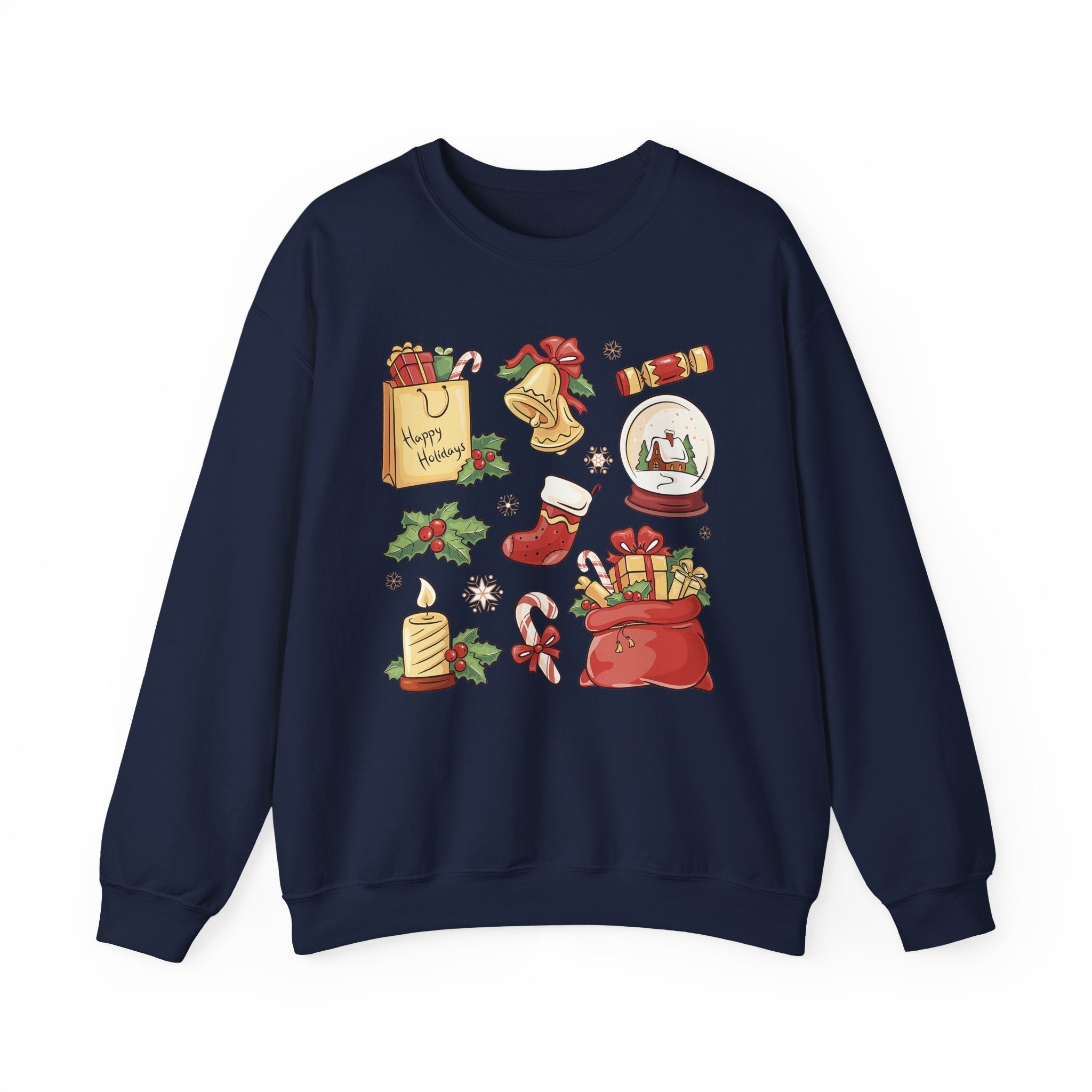 Christmas Icons collage Sweatshirt | holiday presents bell stocking snow globe - Etna Gift