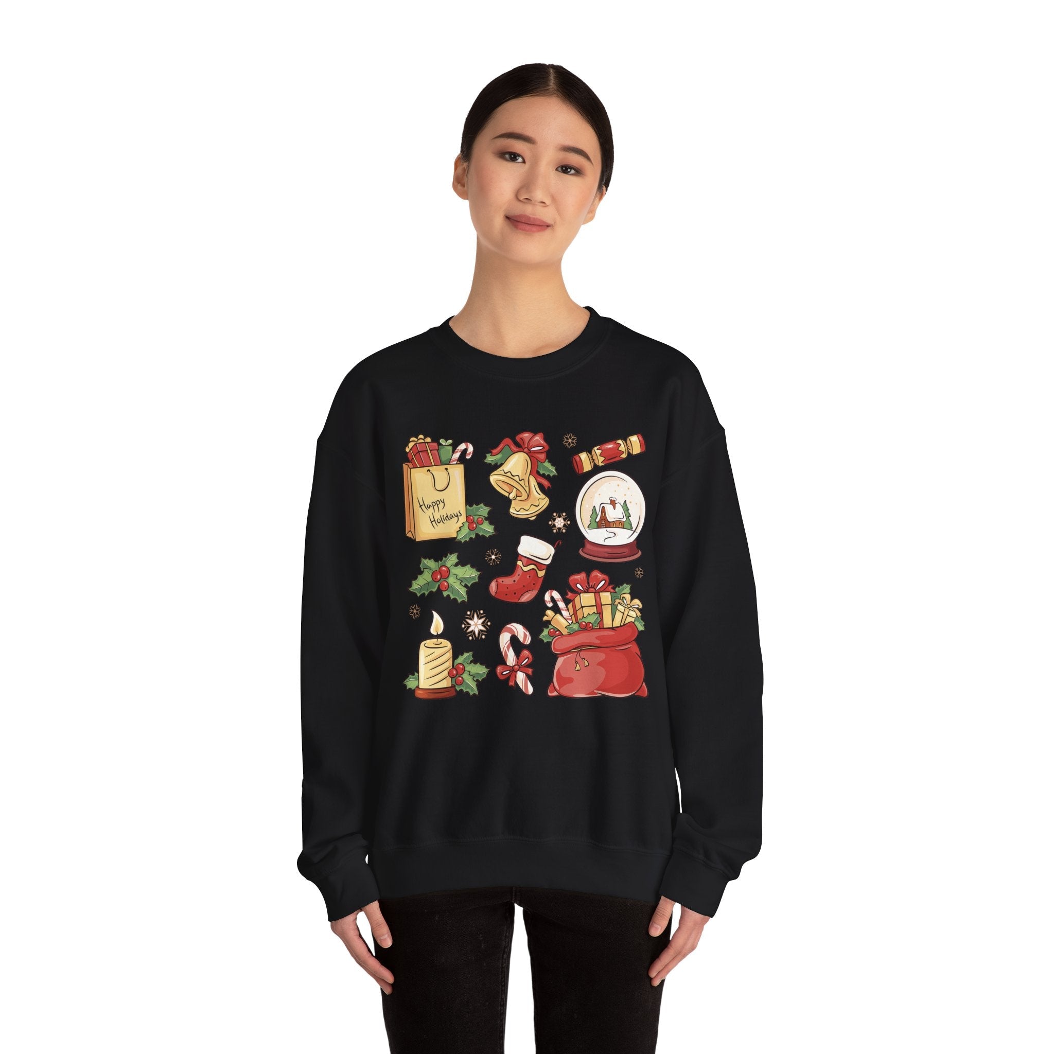 Christmas Icons collage Sweatshirt | holiday presents bell stocking snow globe - Etna Gift