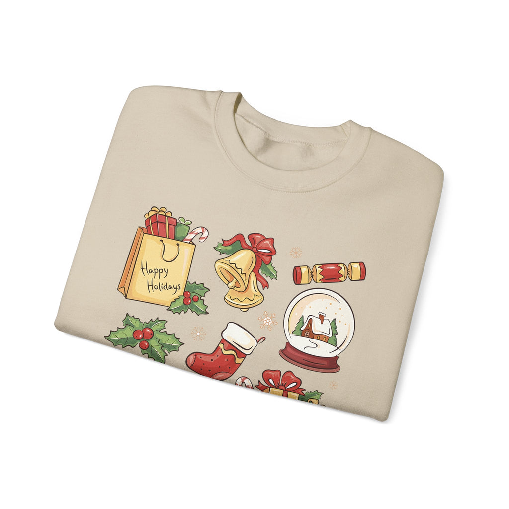 Christmas Icons collage Sweatshirt | holiday presents bell stocking snow globe - Etna Gift