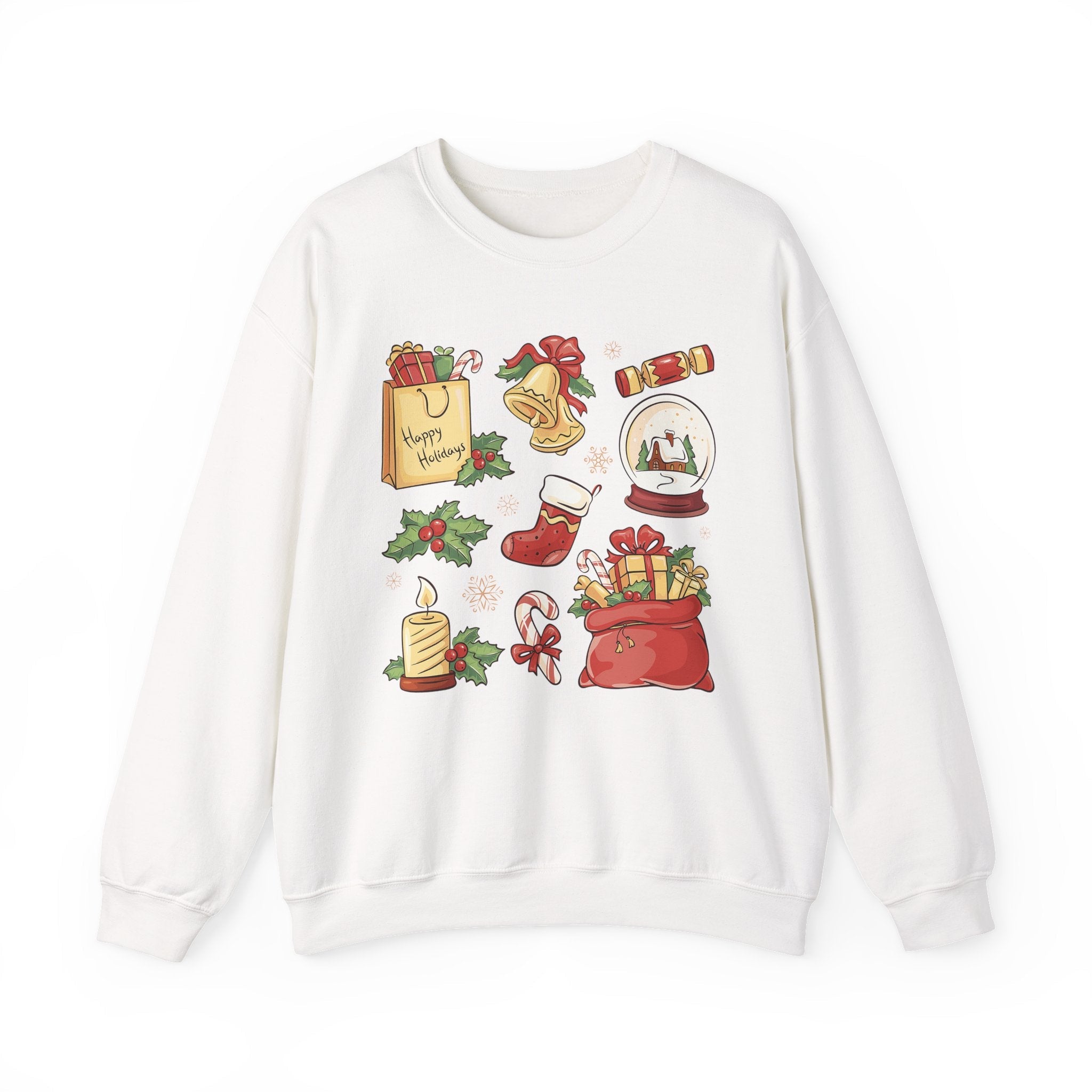 Christmas Icons collage Sweatshirt | holiday presents bell stocking snow globe - Etna Gift