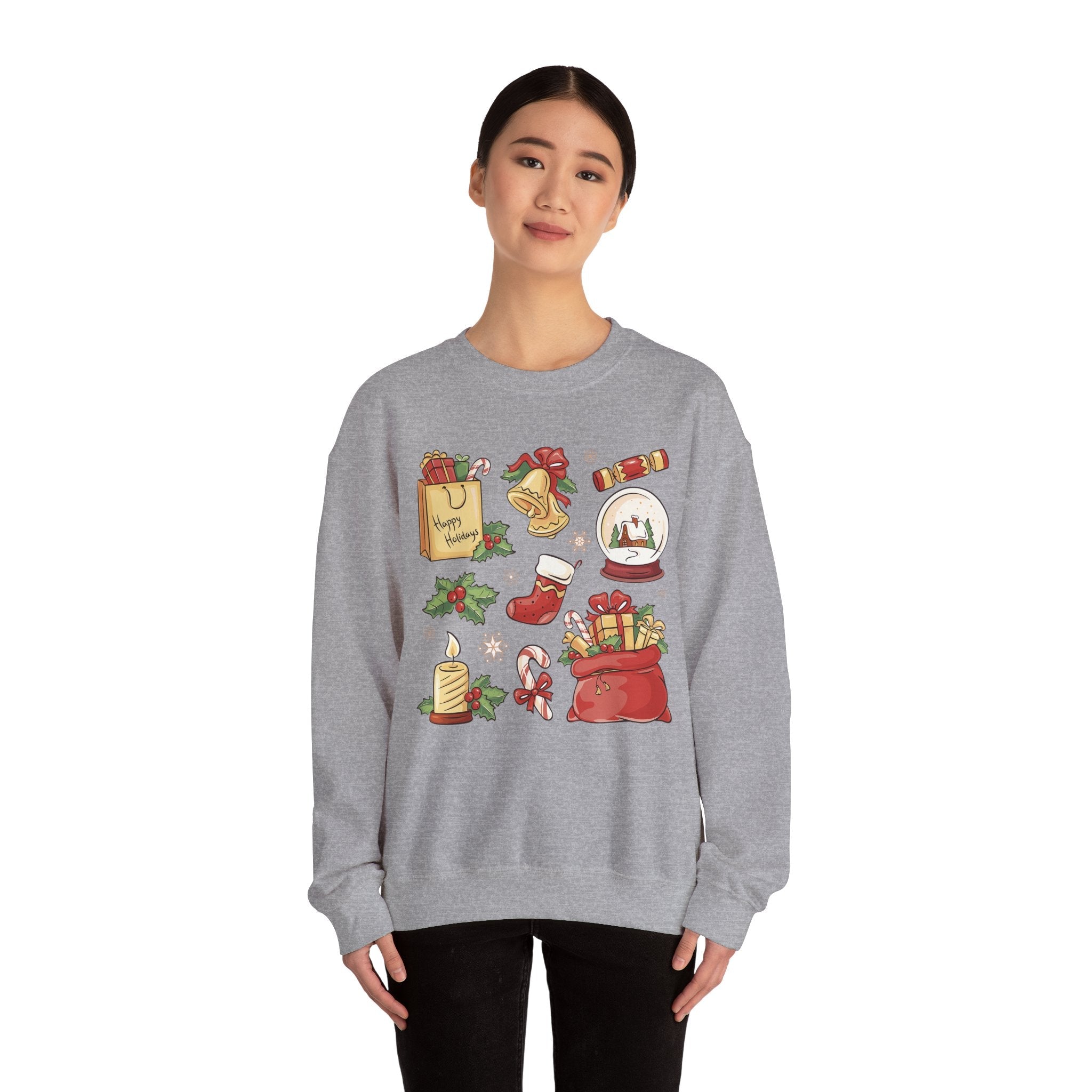 Christmas Icons collage Sweatshirt | holiday presents bell stocking snow globe - Etna Gift