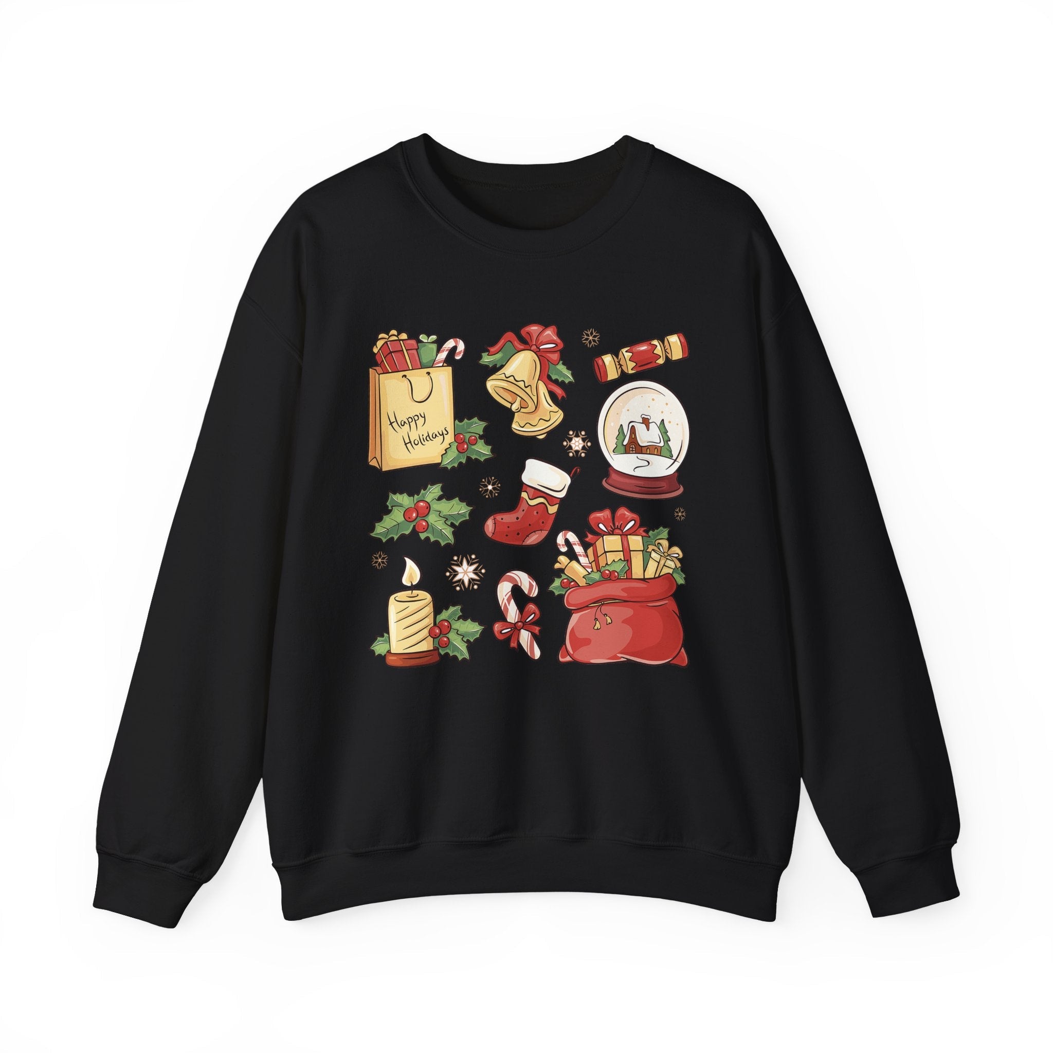 Christmas Icons collage Sweatshirt | holiday presents bell stocking snow globe - Etna Gift