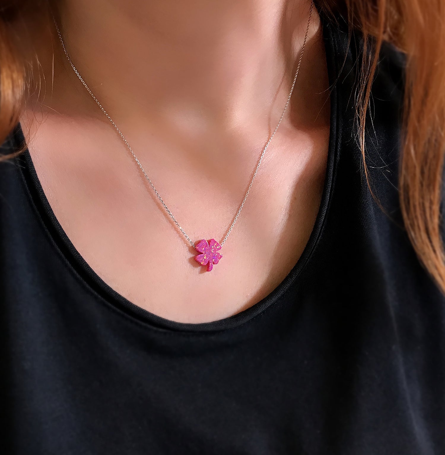 Clover luck necklace 925 sterling silver clover luck necklace dark pink - Etna Gift