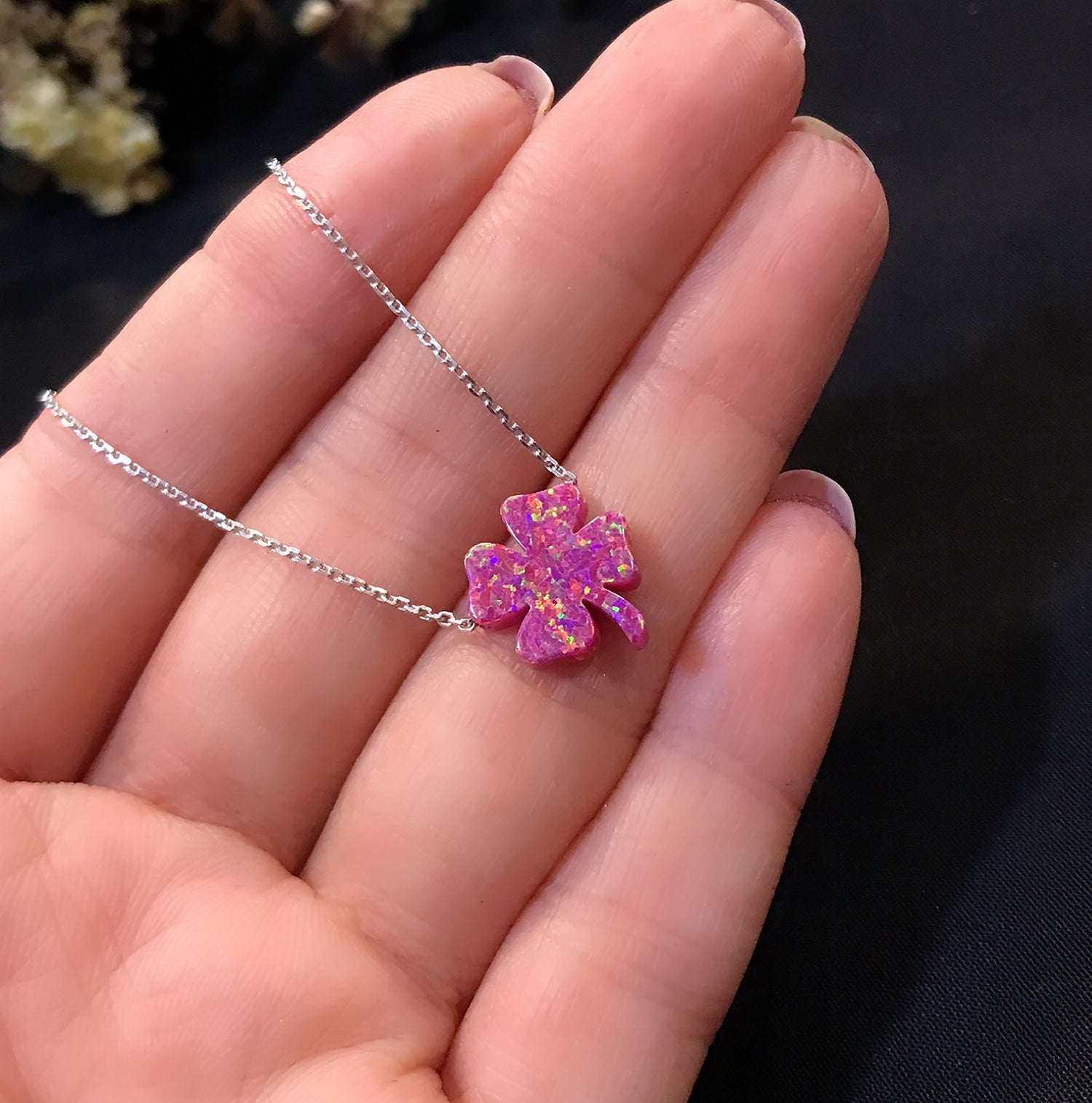 Clover luck necklace 925 sterling silver clover luck necklace dark pink - Etna Gift
