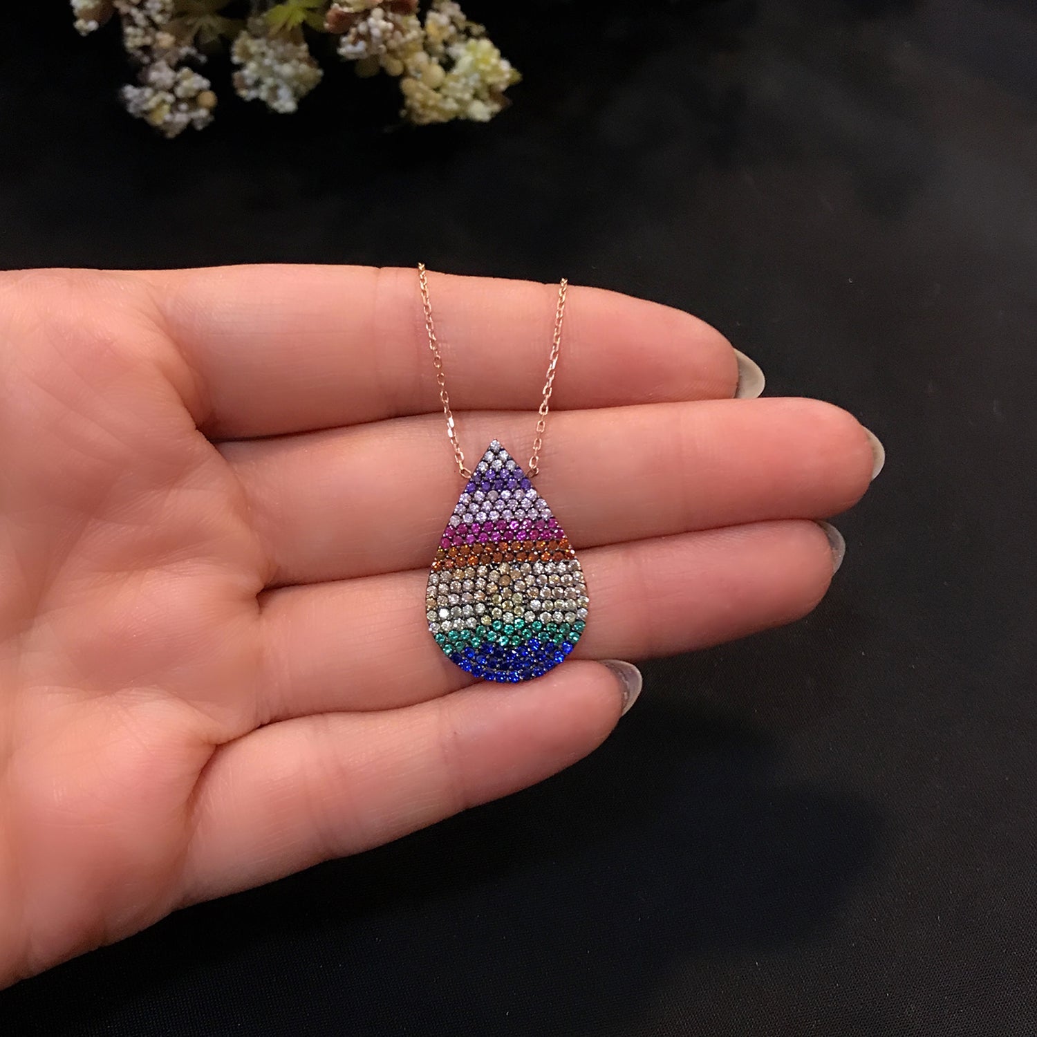 Drop shaped colored stone necklace 925 sterling silver drop necklace - Etna Gift