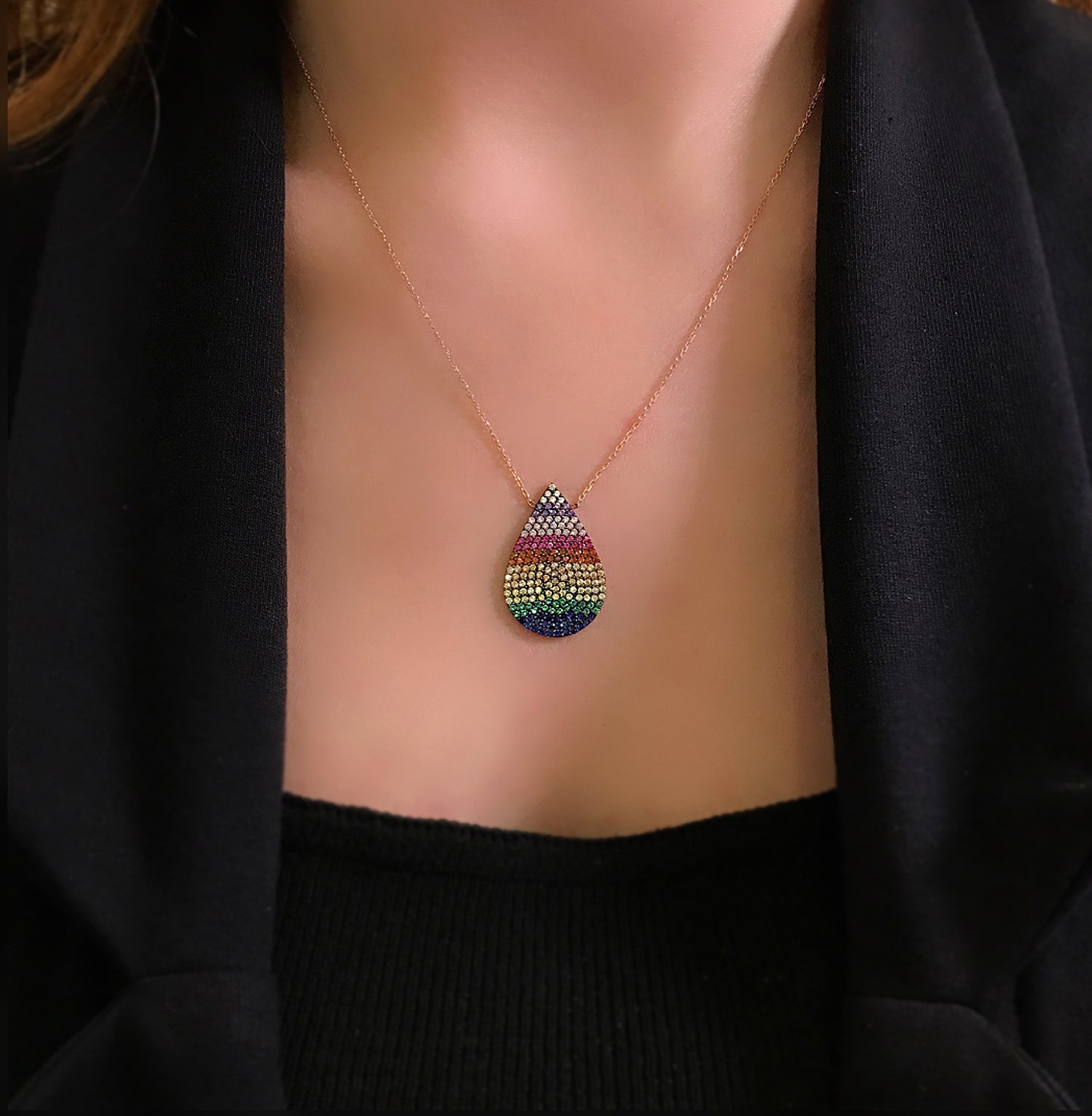 Drop shaped colored stone necklace 925 sterling silver drop necklace - Etna Gift