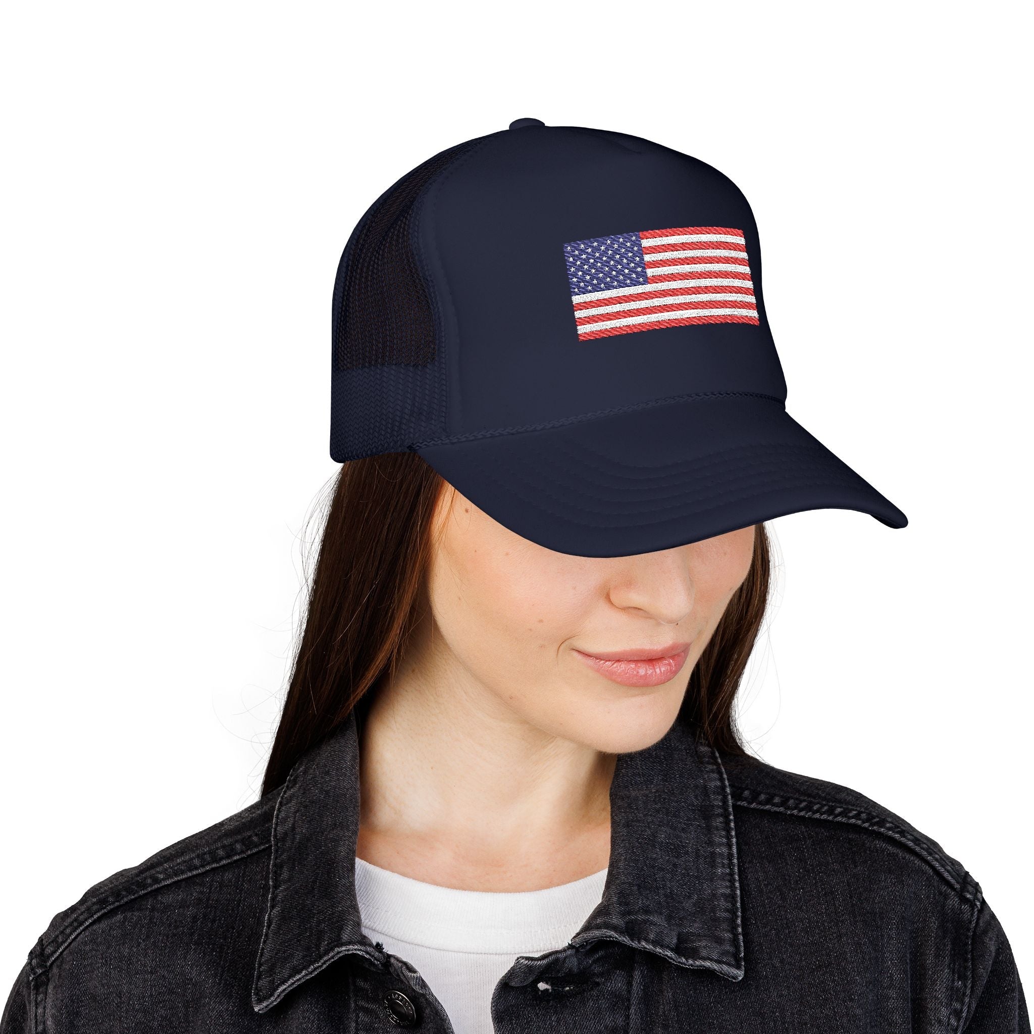 Embroidered American Flag Trucker Hat Patriotic Foam Mesh Cap - Etna Gift