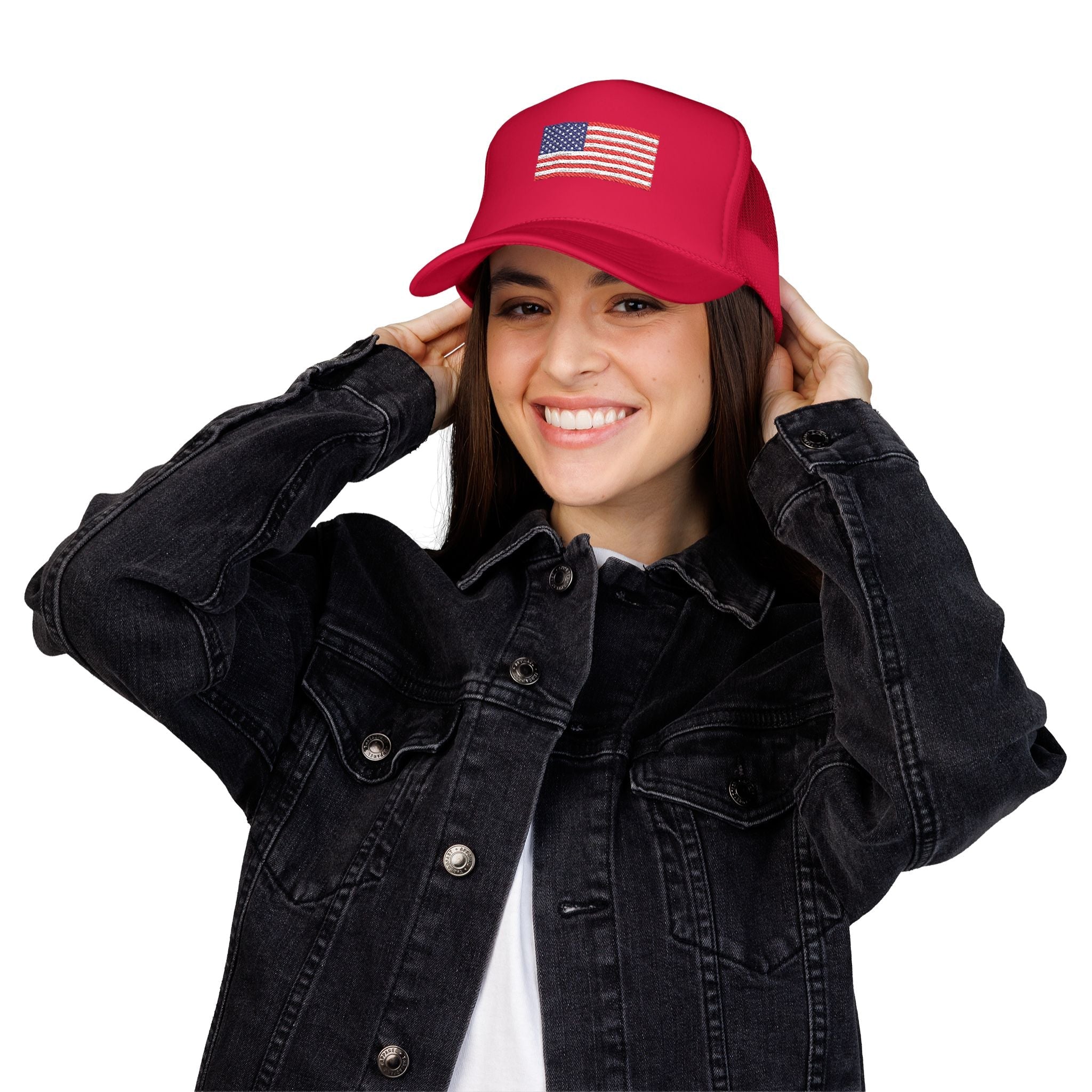 Embroidered American Flag Trucker Hat Patriotic Foam Mesh Cap - Etna Gift