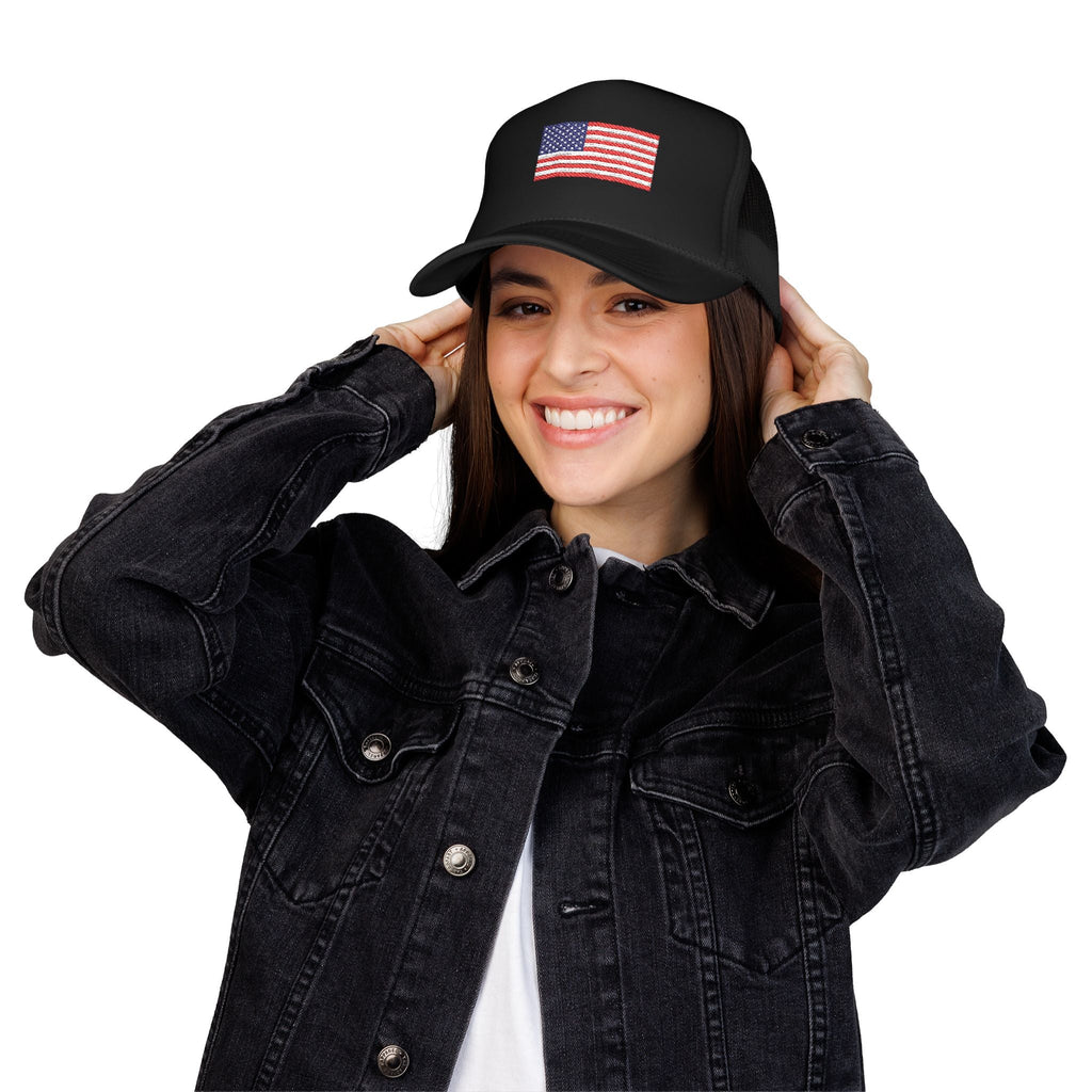 Embroidered American Flag Trucker Hat Patriotic Foam Mesh Cap - Etna Gift