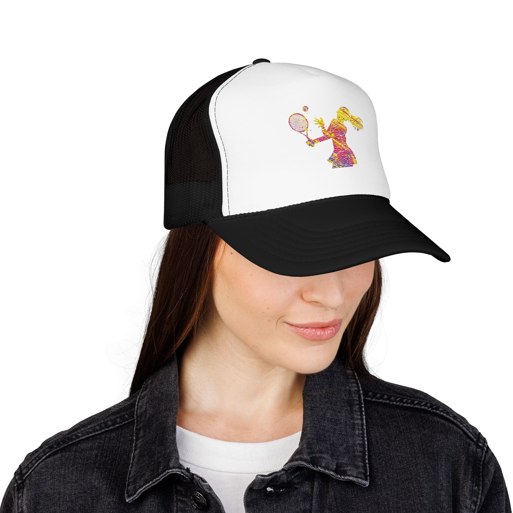 Embroidered Colorful Tennis Player Foam Trucker Hat Sporty Retro Mesh Cap - Etna Gift