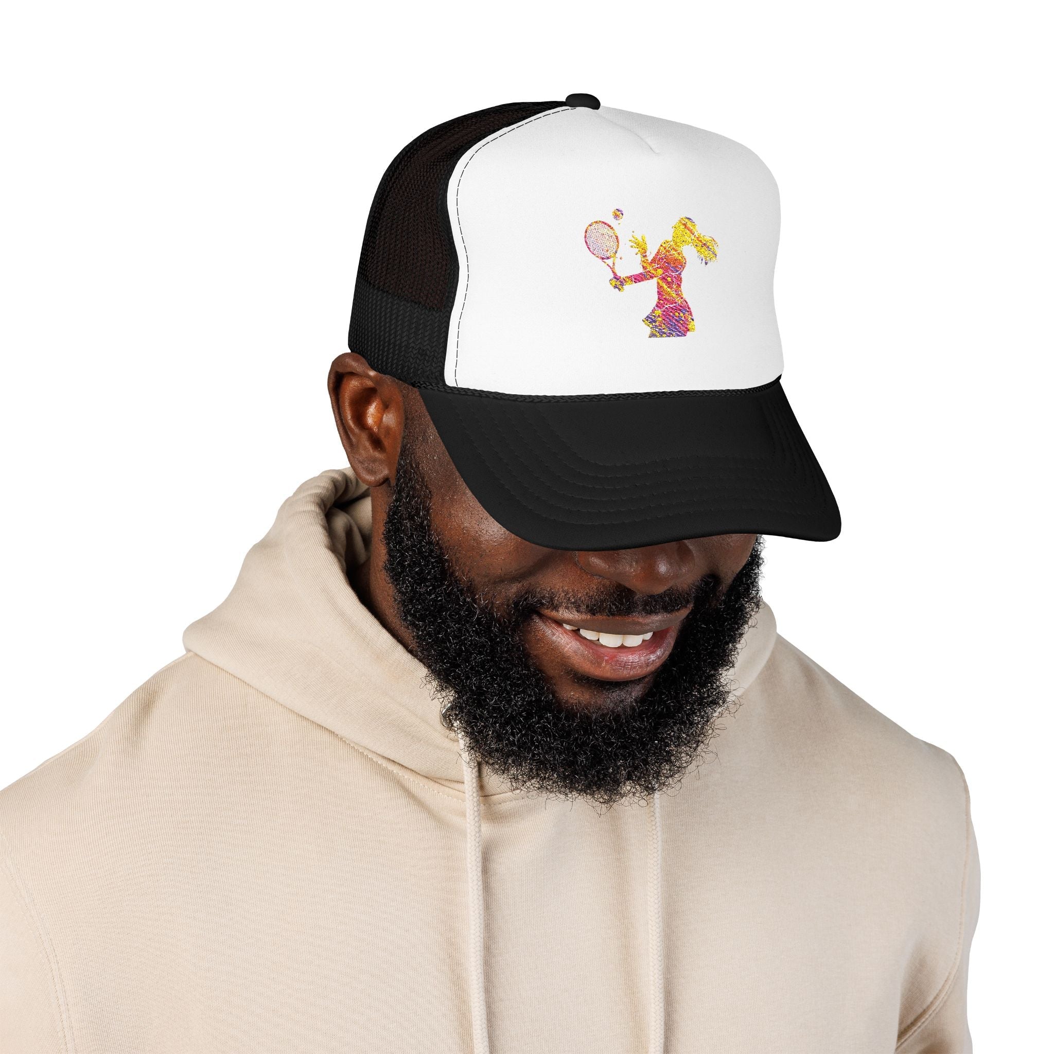 Embroidered Colorful Tennis Player Foam Trucker Hat Sporty Retro Mesh Cap - Etna Gift