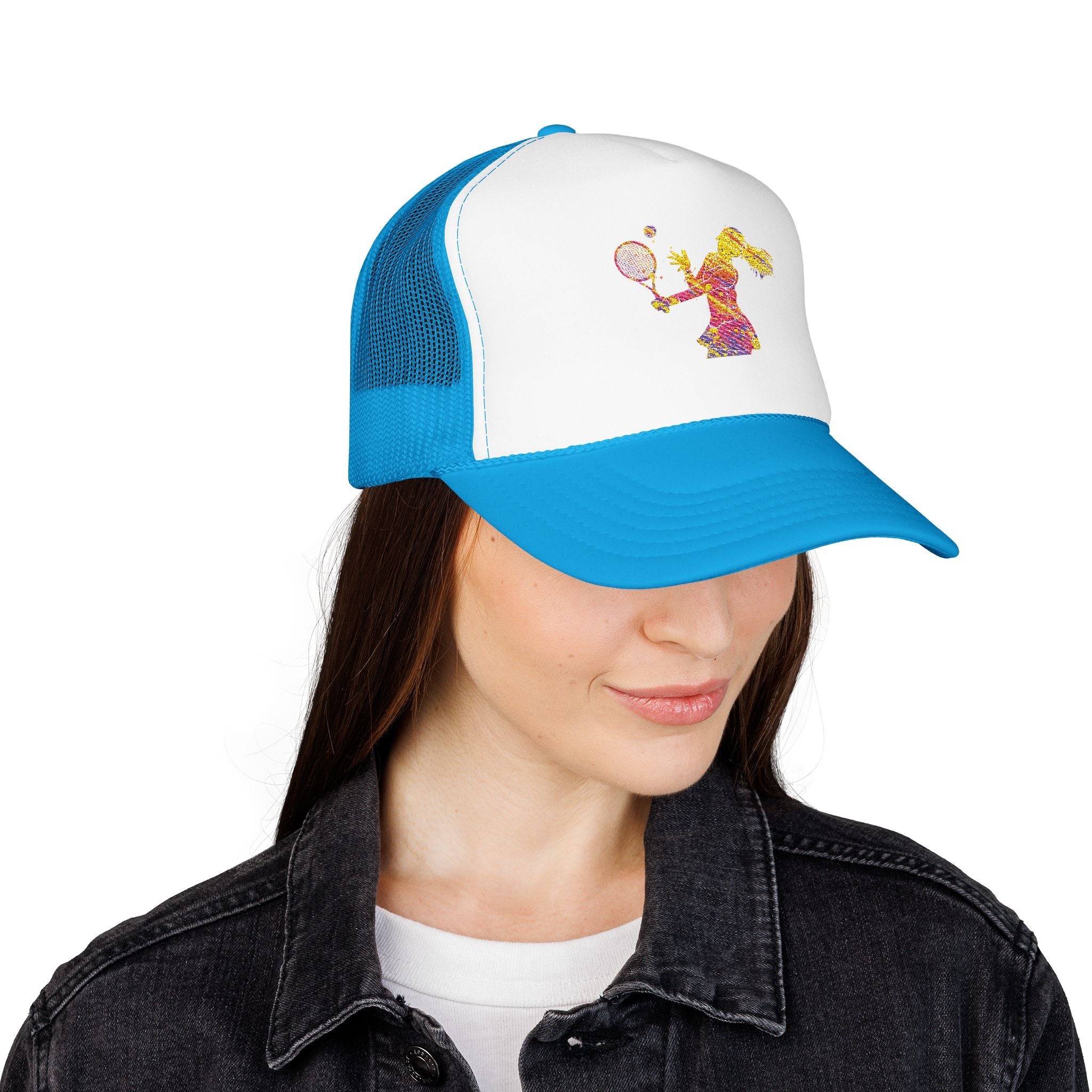 Embroidered Colorful Tennis Player Foam Trucker Hat Sporty Retro Mesh Cap - Etna Gift