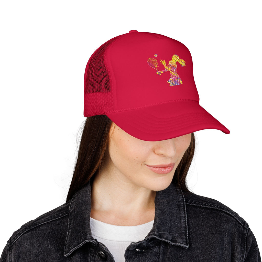 Embroidered Colorful Tennis Player Foam Trucker Hat Sporty Retro Mesh Cap - Etna Gift