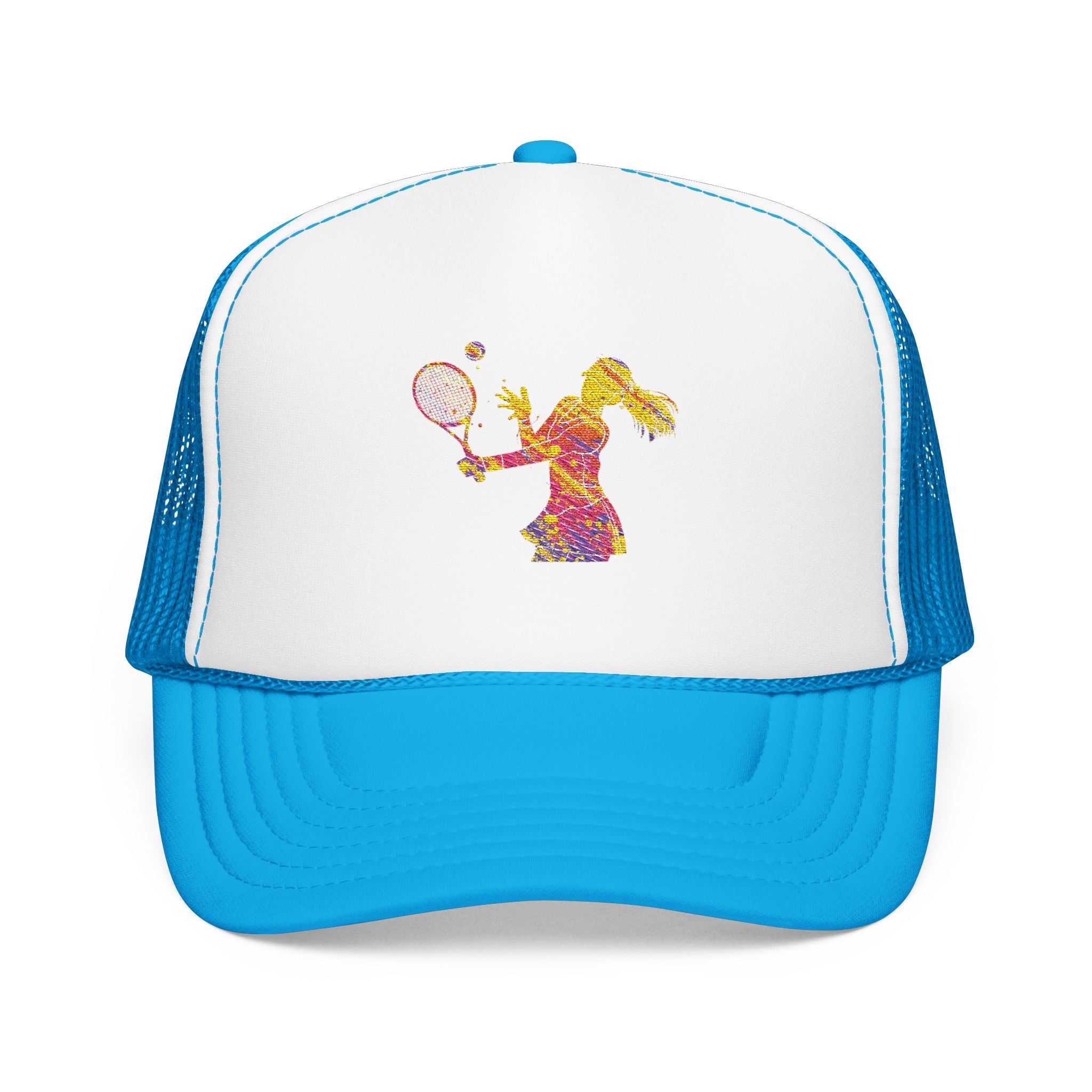 Embroidered Colorful Tennis Player Foam Trucker Hat Sporty Retro Mesh Cap - Etna Gift