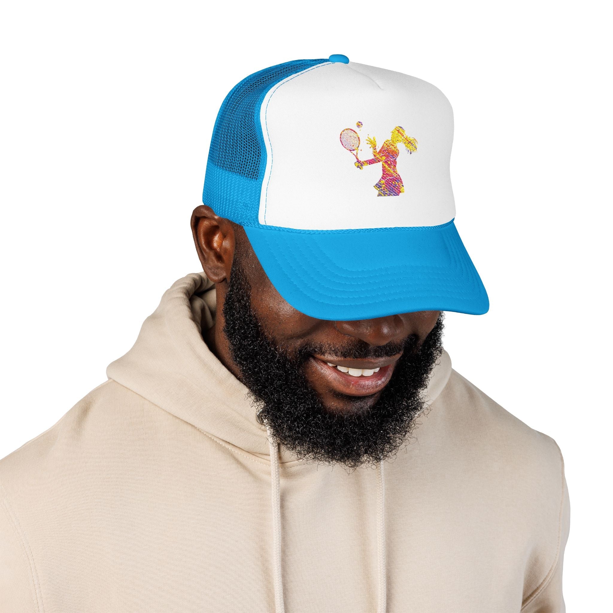 Embroidered Colorful Tennis Player Foam Trucker Hat Sporty Retro Mesh Cap - Etna Gift