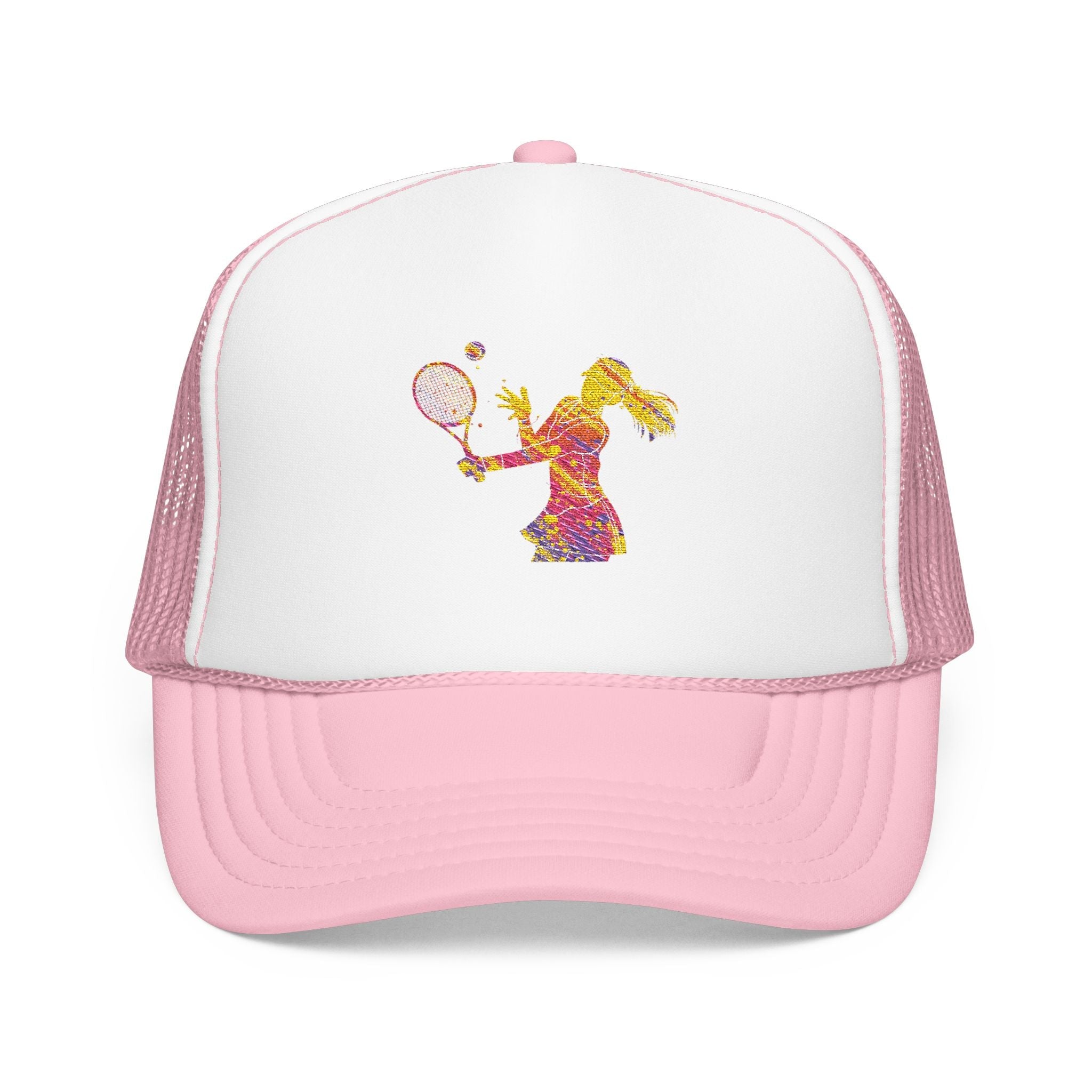 Embroidered Colorful Tennis Player Foam Trucker Hat Sporty Retro Mesh Cap - Etna Gift