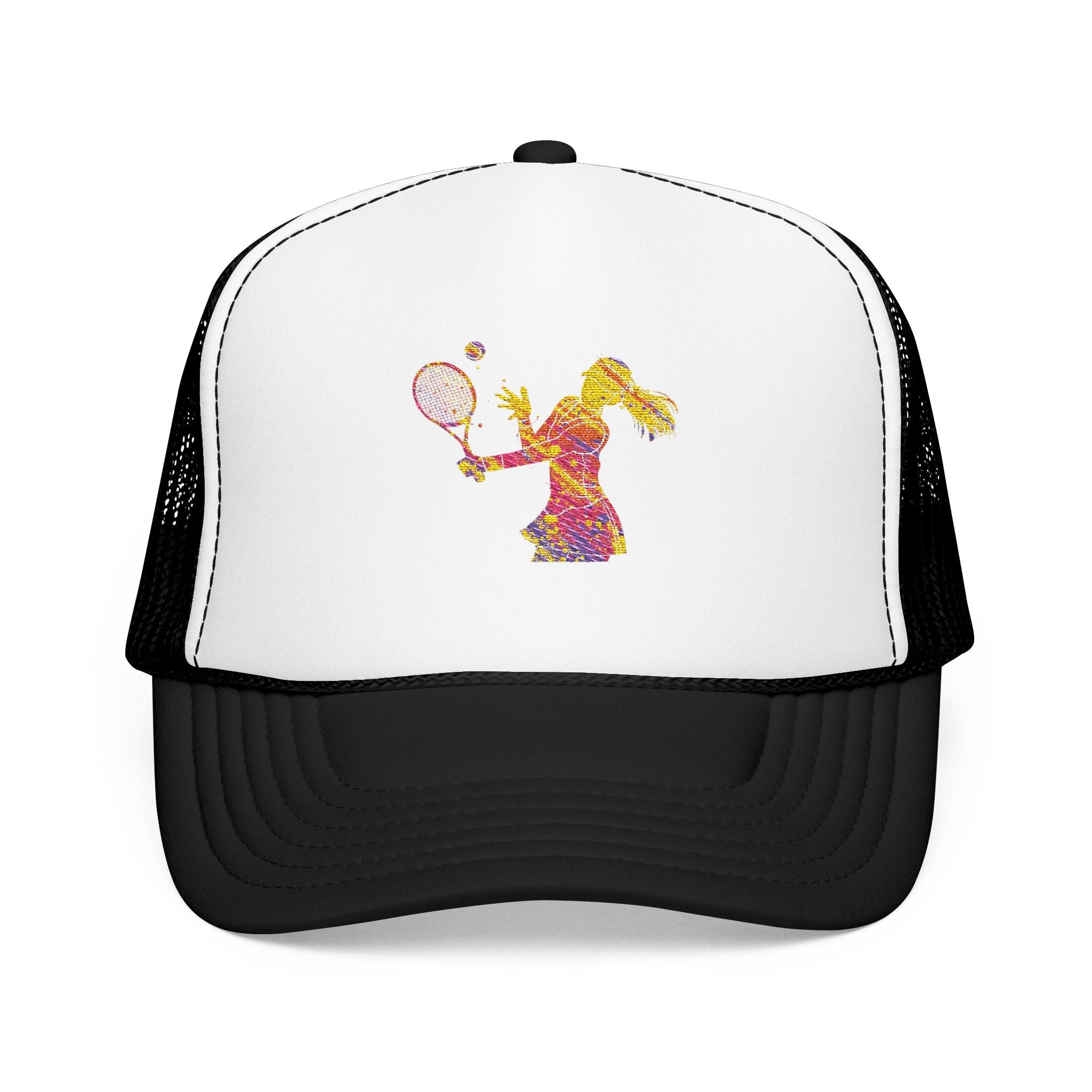 Embroidered Colorful Tennis Player Foam Trucker Hat Sporty Retro Mesh Cap - Etna Gift
