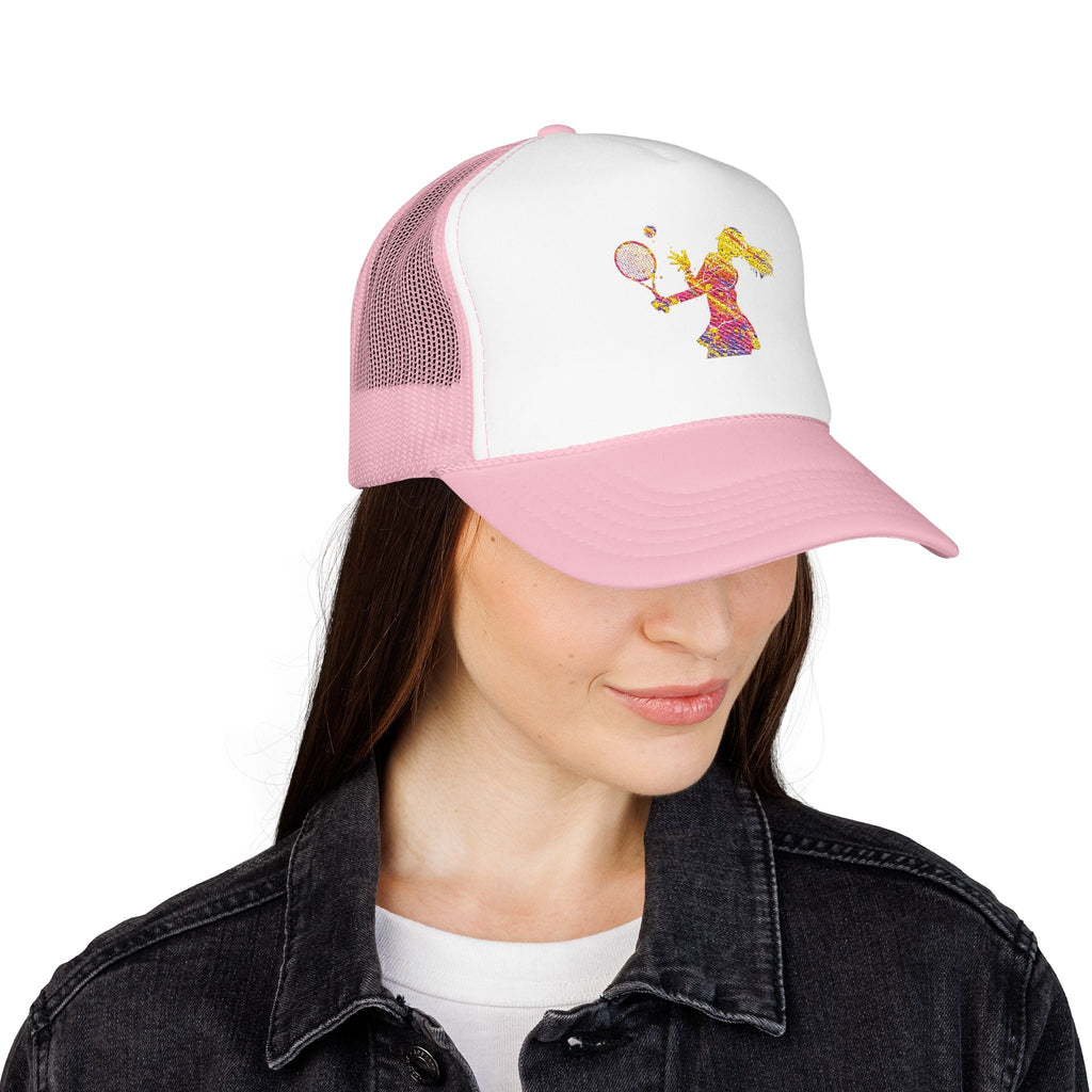 Embroidered Colorful Tennis Player Foam Trucker Hat Sporty Retro Mesh Cap - Etna Gift