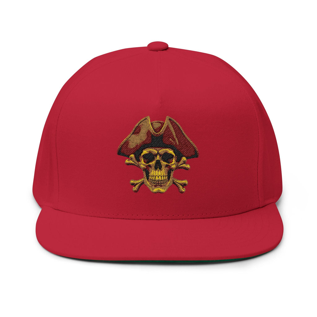 Embroidered Pirate Skull Flat Bill Cap Gold Skull & Tricorn Hat Snapback - Etna Gift