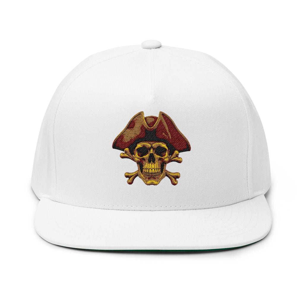 Embroidered Pirate Skull Flat Bill Cap Gold Skull & Tricorn Hat Snapback - Etna Gift