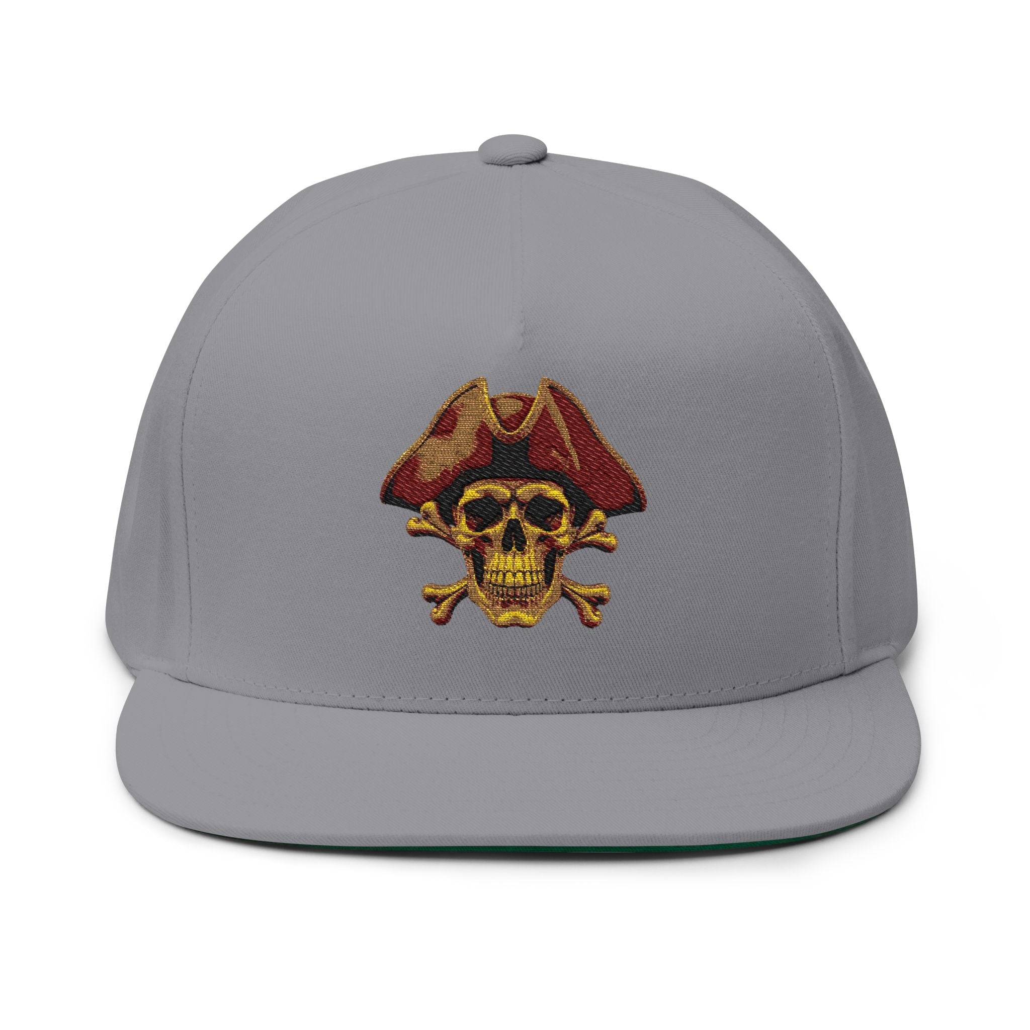 Embroidered Pirate Skull Flat Bill Cap Gold Skull & Tricorn Hat Snapback - Etna Gift