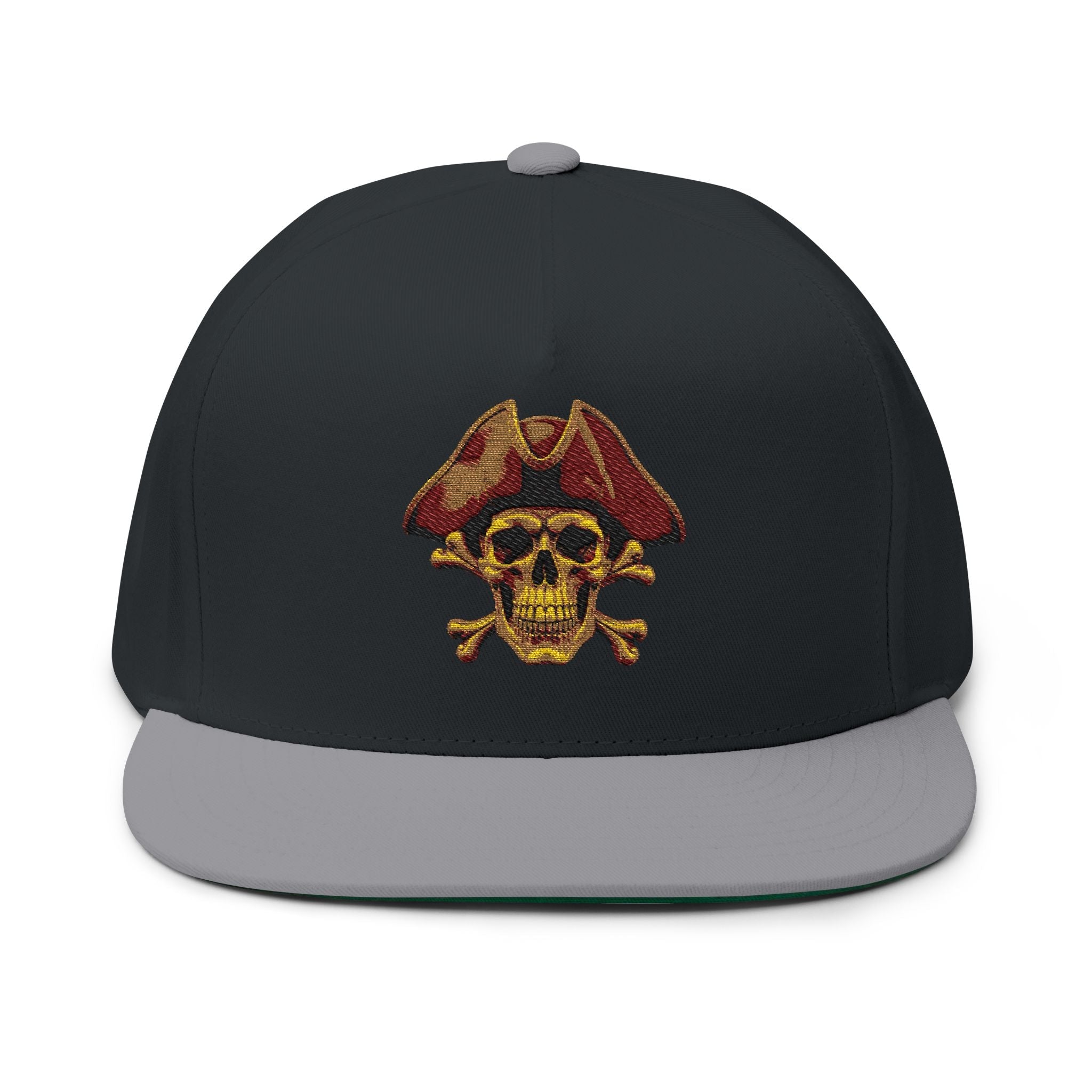 Embroidered Pirate Skull Flat Bill Cap Gold Skull & Tricorn Hat Snapback - Etna Gift