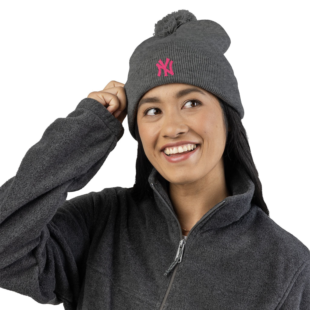Embroidered Pom - Pom Knit Beanie — Grey Winter Hat with Pink NY Logo - Etna Gift
