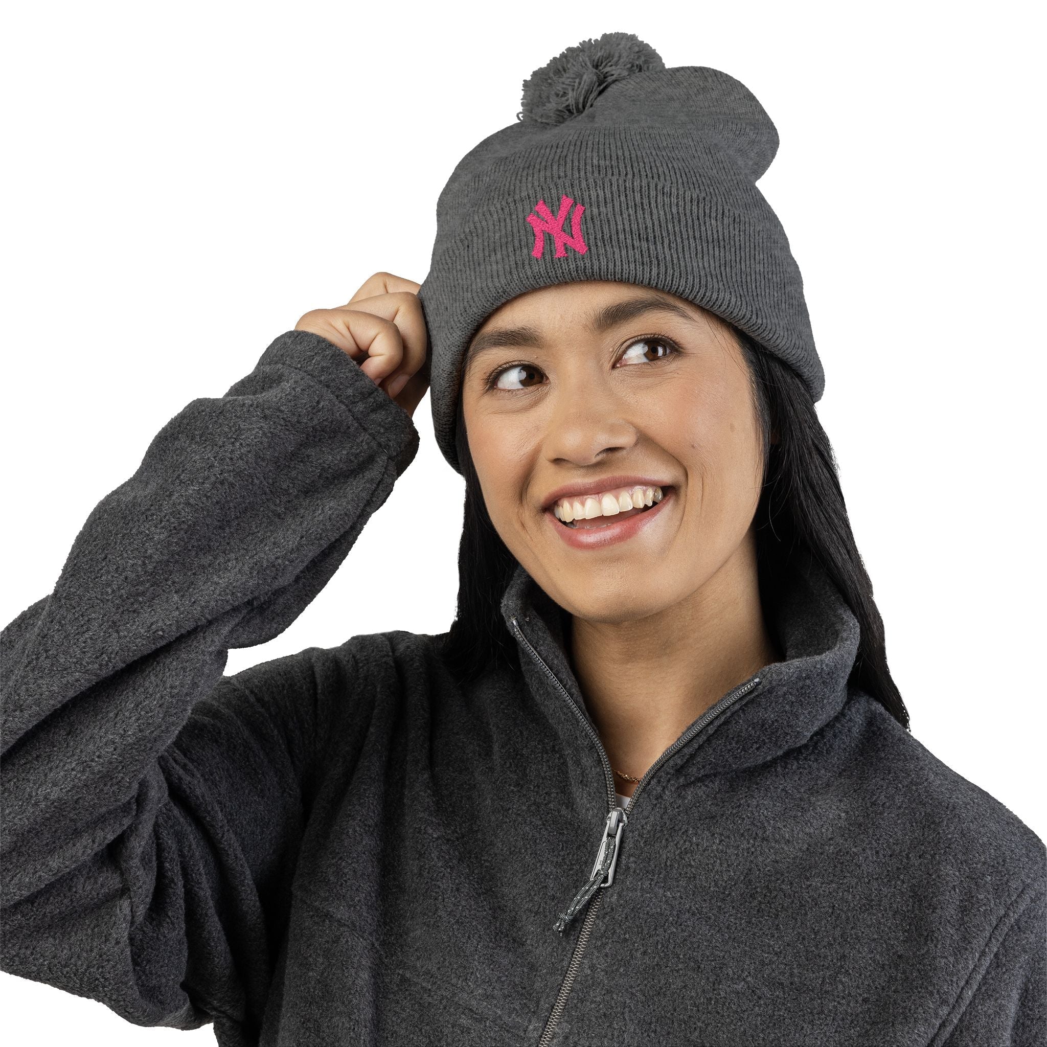 Embroidered Pom - Pom Knit Beanie — Grey Winter Hat with Pink NY Logo - Etna Gift