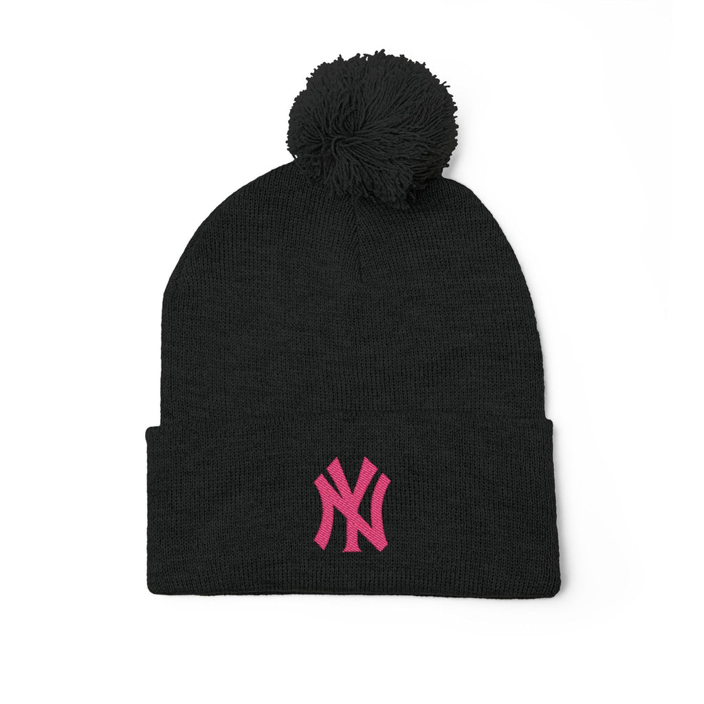 Embroidered Pom - Pom Knit Beanie — Grey Winter Hat with Pink NY Logo - Etna Gift