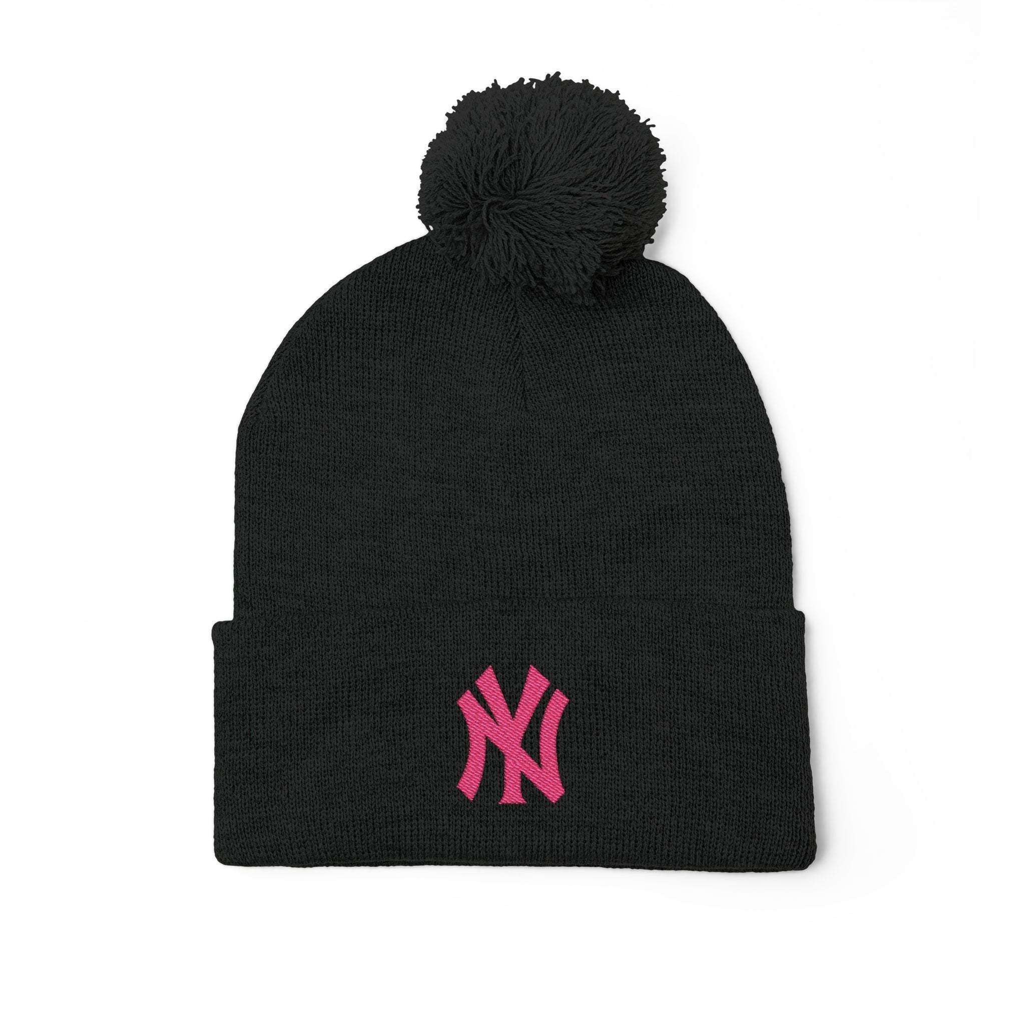 Embroidered Pom - Pom Knit Beanie — Grey Winter Hat with Pink NY Logo - Etna Gift