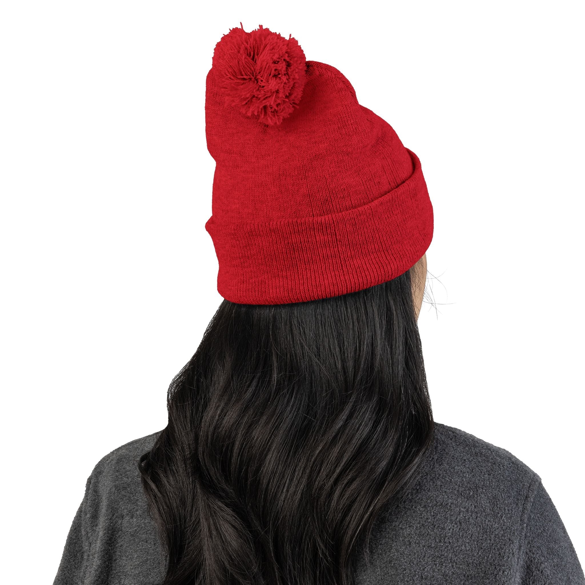 Embroidered Pom - Pom Knit Beanie — Grey Winter Hat with Pink NY Logo - Etna Gift