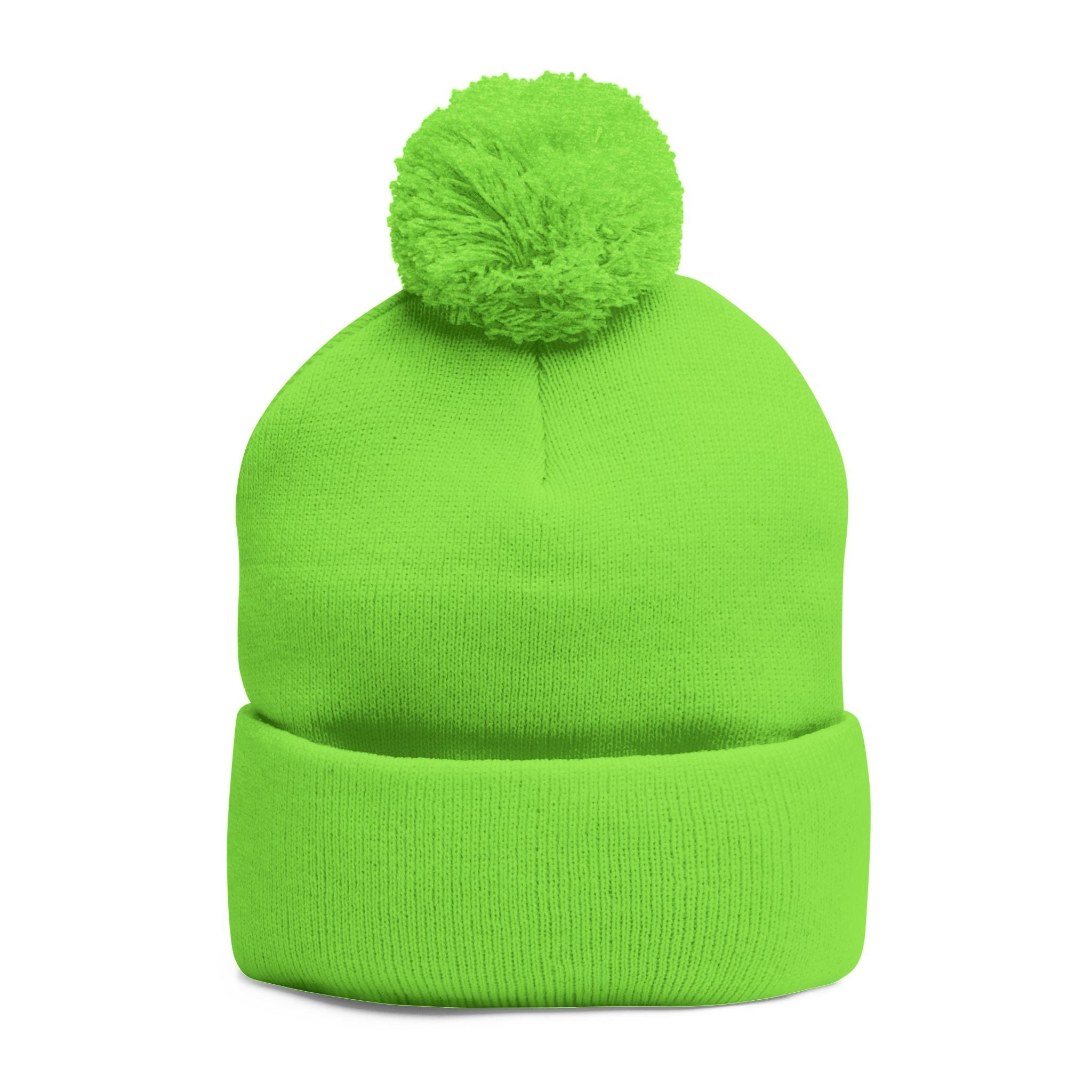 Embroidered Pom - Pom Knit Beanie — Grey Winter Hat with Pink NY Logo - Etna Gift