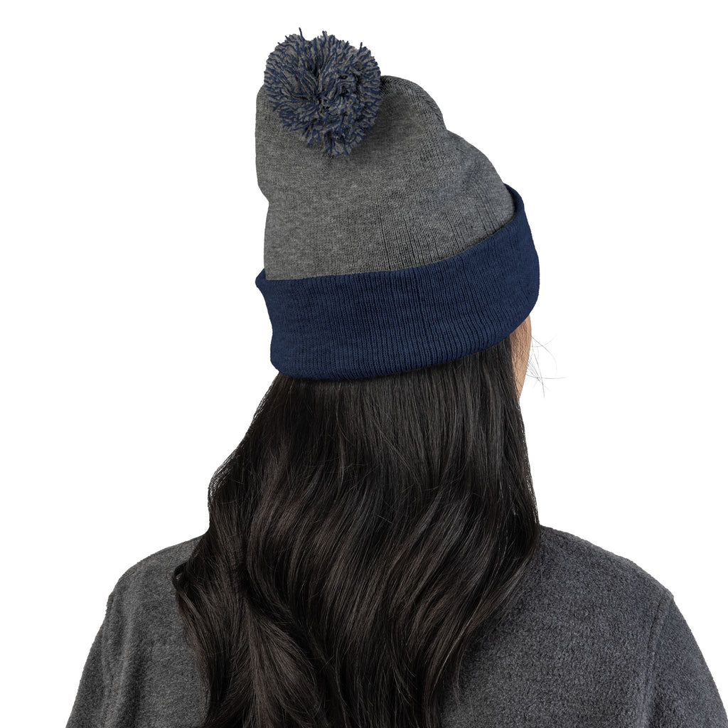 Embroidered Pom - Pom Knit Beanie — Grey Winter Hat with Pink NY Logo - Etna Gift