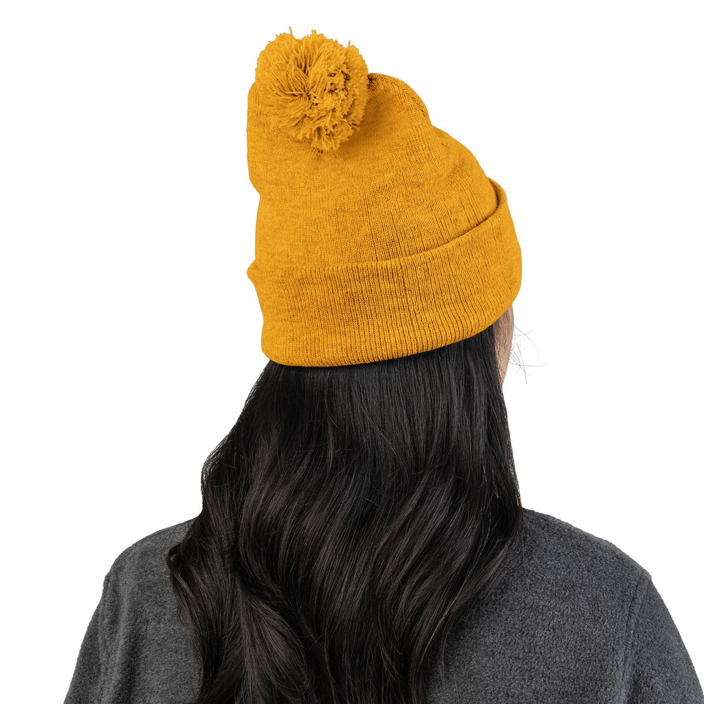 Embroidered Pom - Pom Knit Beanie — Grey Winter Hat with Pink NY Logo - Etna Gift