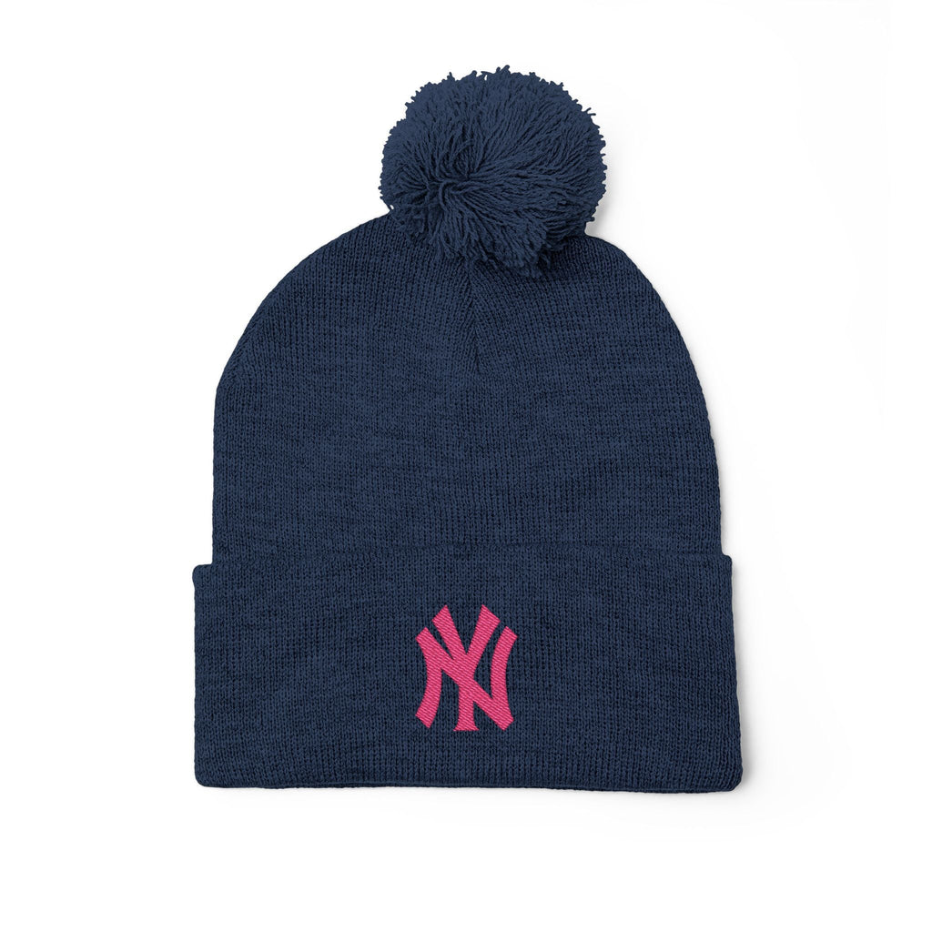 Embroidered Pom - Pom Knit Beanie — Grey Winter Hat with Pink NY Logo - Etna Gift