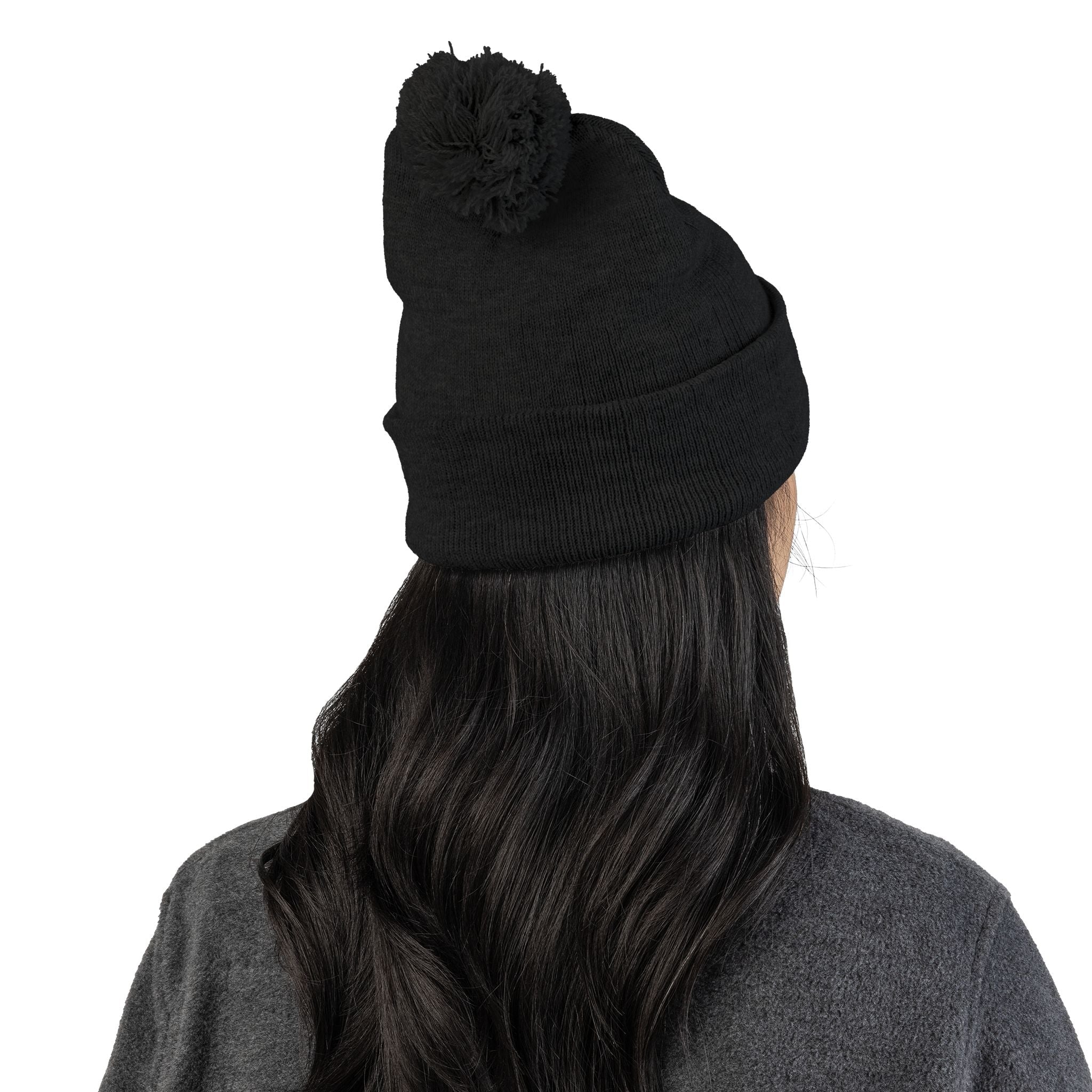 Embroidered Pom - Pom Knit Beanie — Grey Winter Hat with Pink NY Logo - Etna Gift