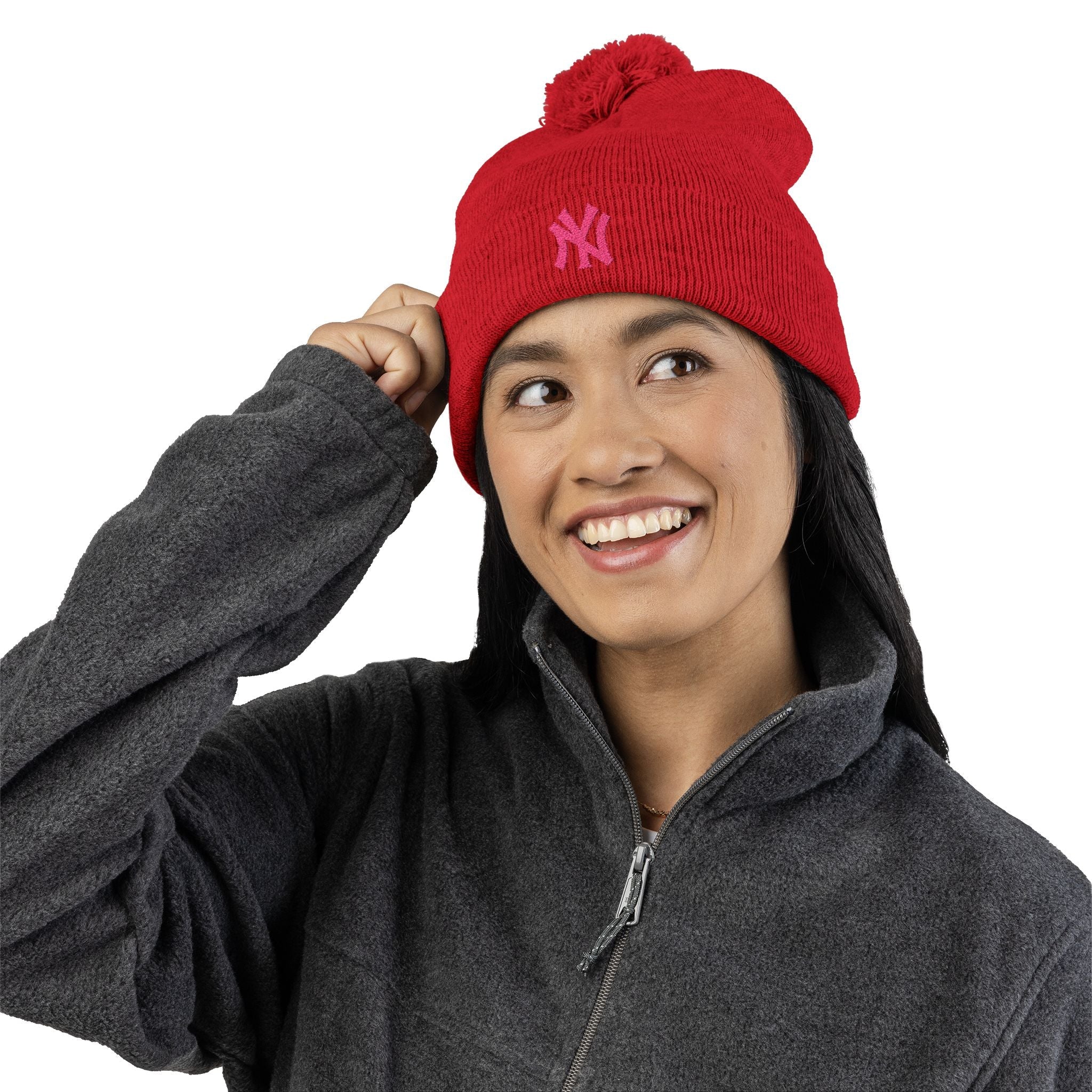 Embroidered Pom - Pom Knit Beanie — Grey Winter Hat with Pink NY Logo - Etna Gift