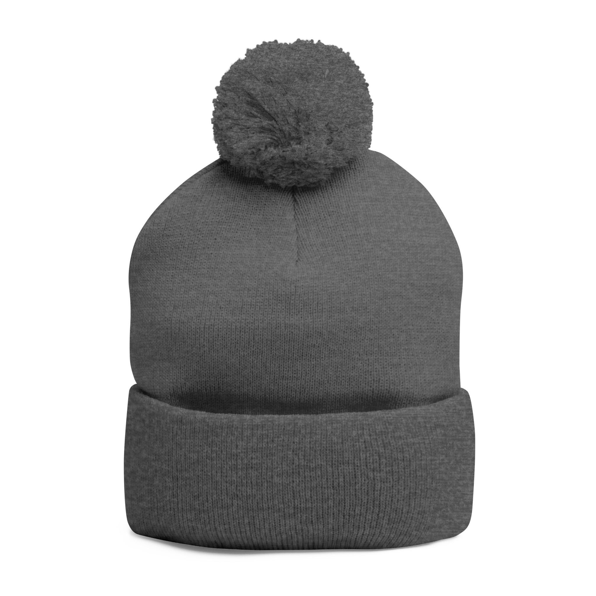 Embroidered Pom - Pom Knit Beanie — Grey Winter Hat with Pink NY Logo - Etna Gift
