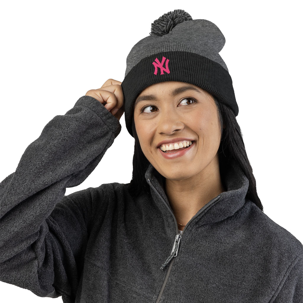 Embroidered Pom - Pom Knit Beanie — Grey Winter Hat with Pink NY Logo - Etna Gift