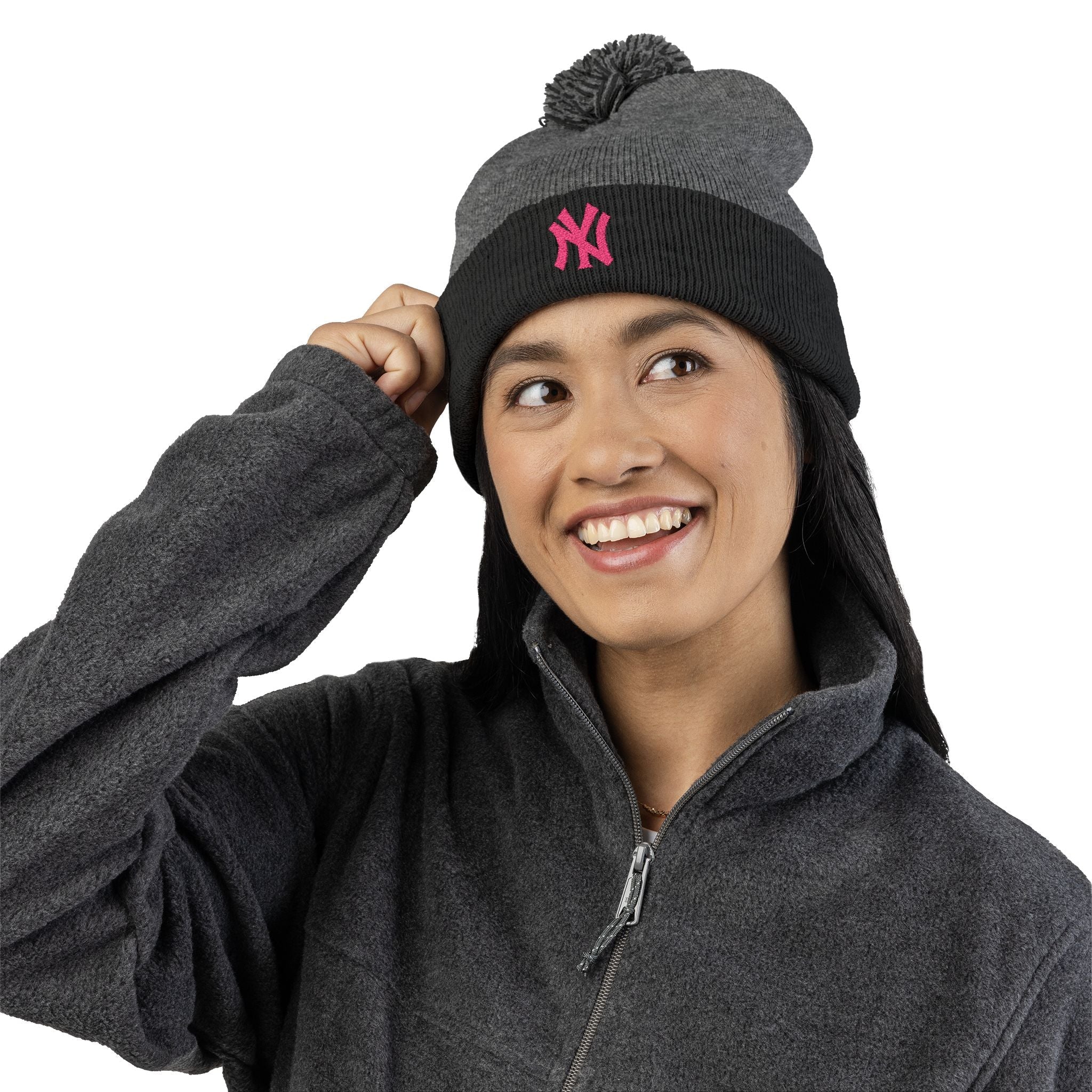 Embroidered Pom - Pom Knit Beanie — Grey Winter Hat with Pink NY Logo - Etna Gift