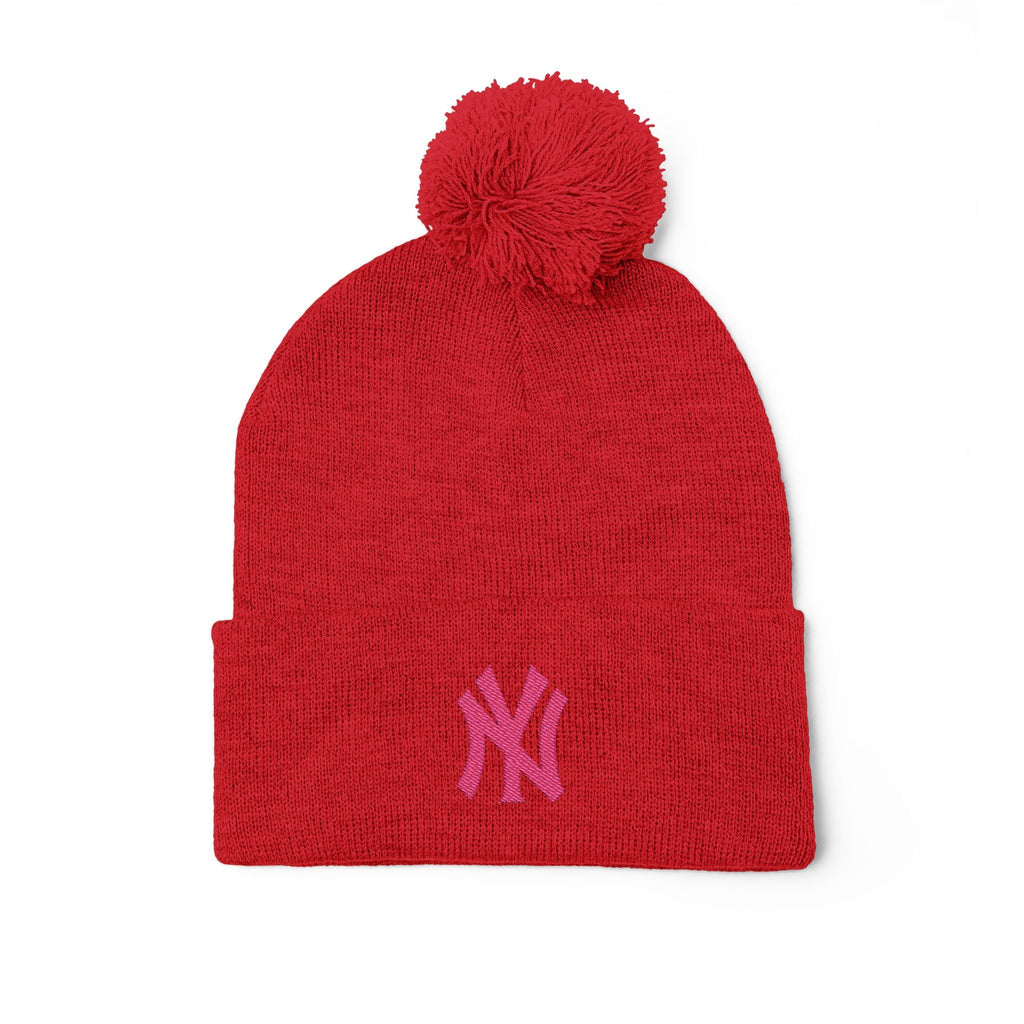 Embroidered Pom - Pom Knit Beanie — Grey Winter Hat with Pink NY Logo - Etna Gift