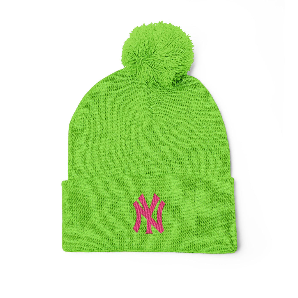Embroidered Pom - Pom Knit Beanie — Grey Winter Hat with Pink NY Logo - Etna Gift