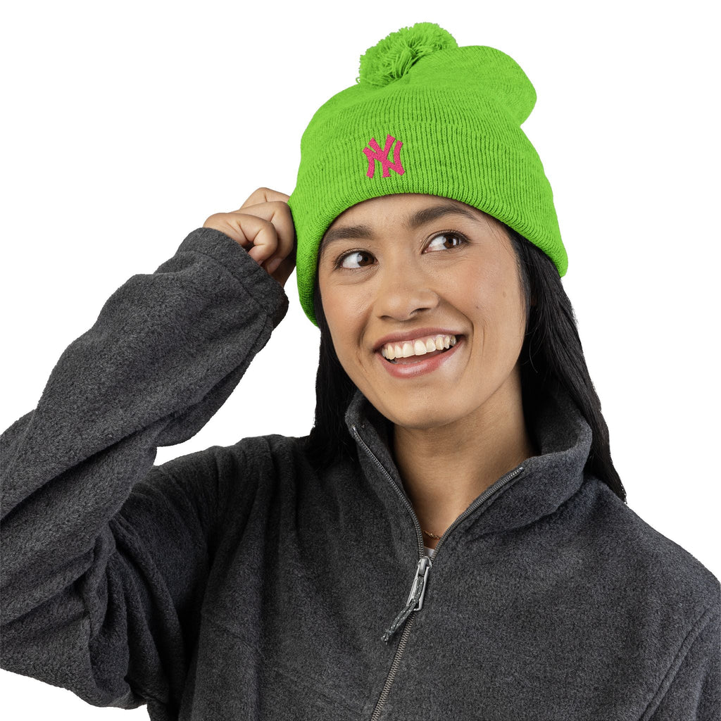 Embroidered Pom - Pom Knit Beanie — Grey Winter Hat with Pink NY Logo - Etna Gift
