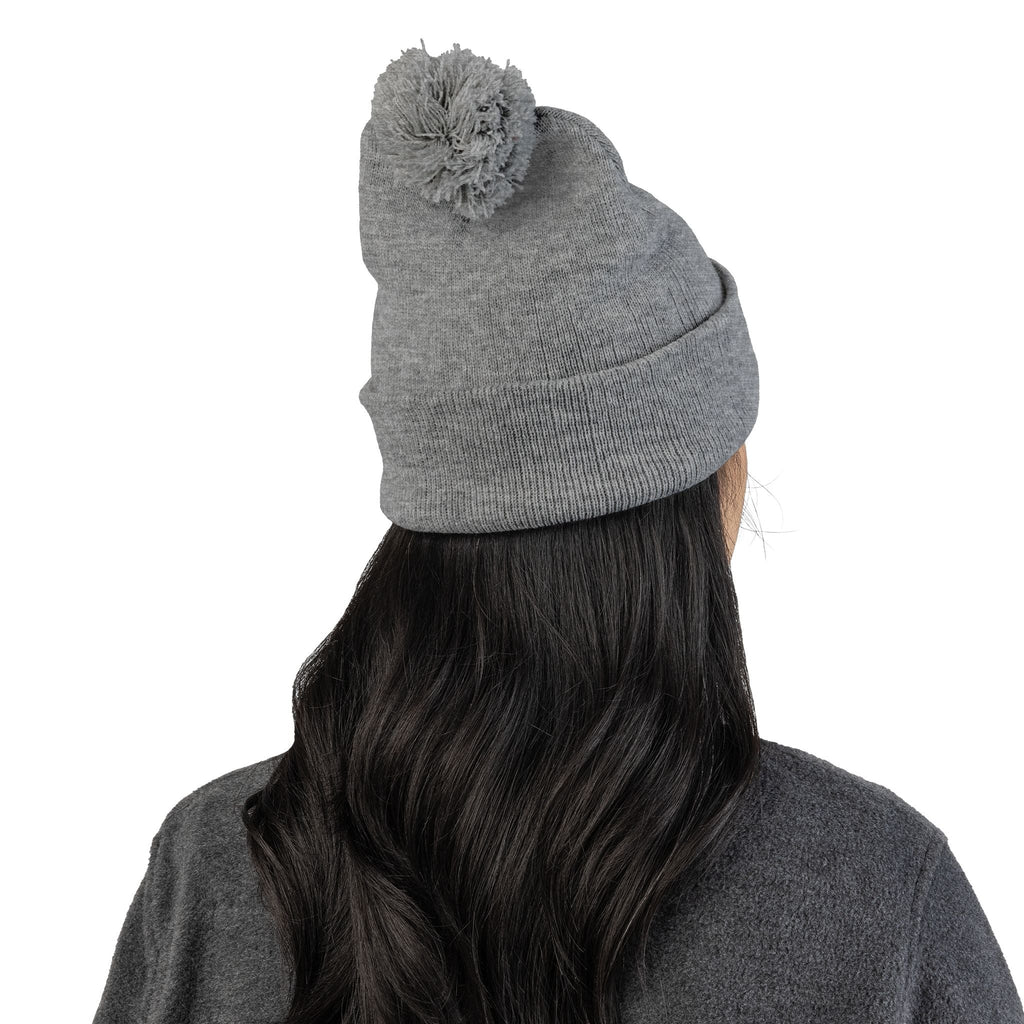 Embroidered Pom - Pom Knit Beanie — Grey Winter Hat with Pink NY Logo - Etna Gift