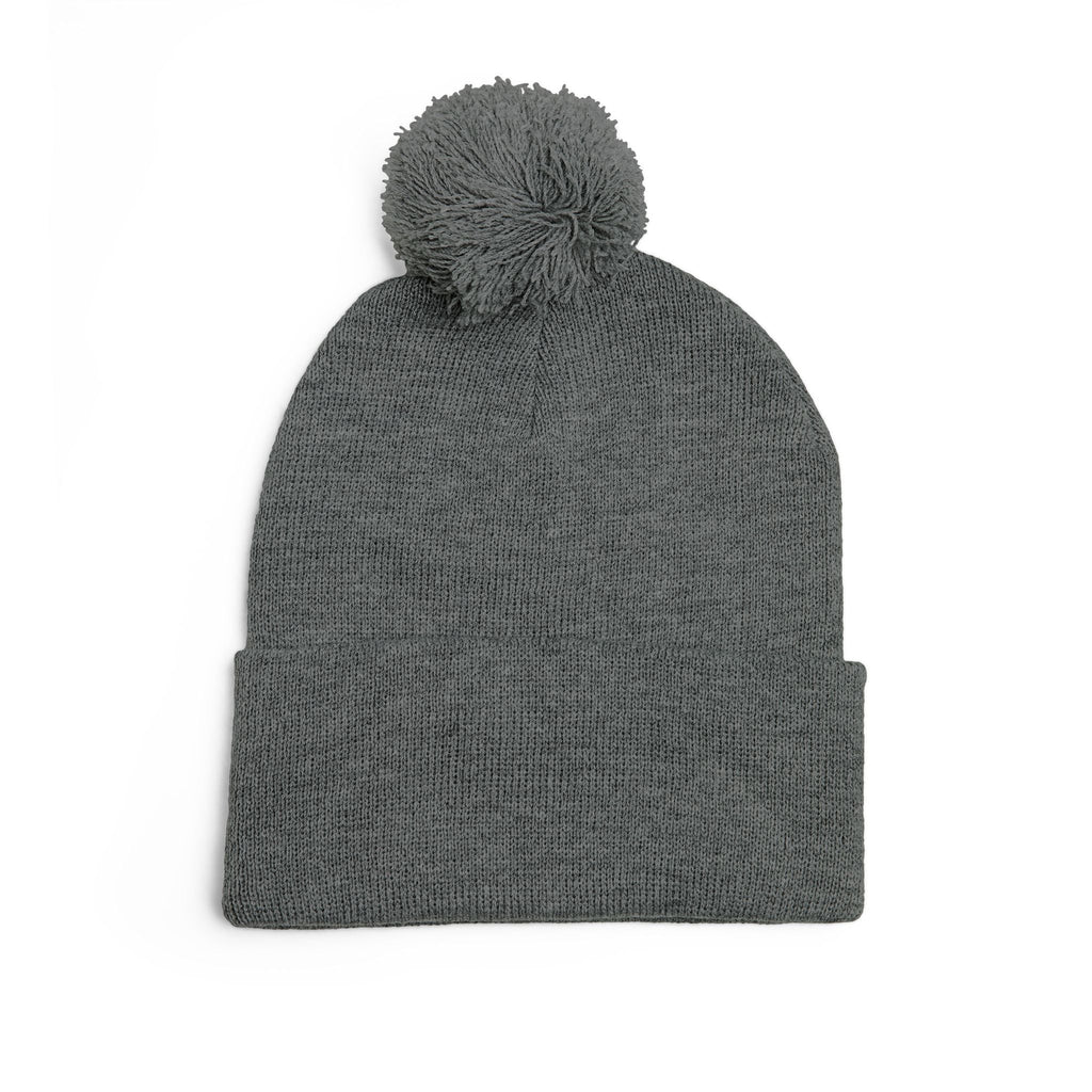 Embroidered Pom - Pom Knit Beanie — Grey Winter Hat with Pink NY Logo - Etna Gift
