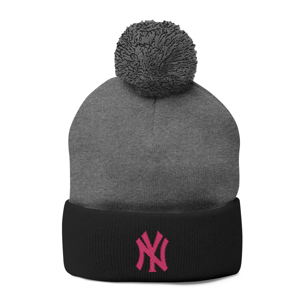 Embroidered Pom - Pom Knit Beanie — Grey Winter Hat with Pink NY Logo - Etna Gift